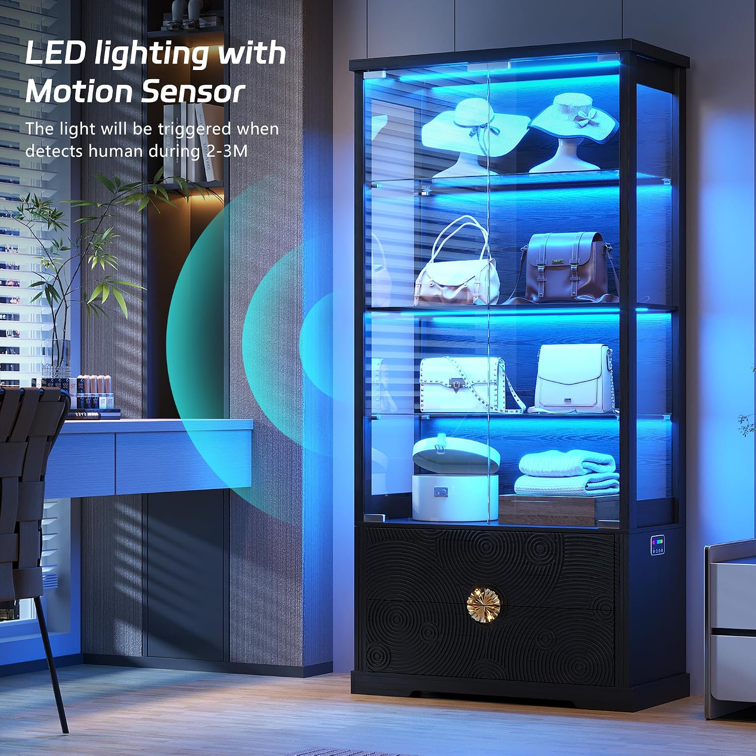 TAGELIER RGB Glass Display Cabinet with Door, 4-Tier Curio Cabinet with 2 Drawers and Adjustable Glass Height Showcase, Display Case with 3 LED Light and Human Body Sensor, Black