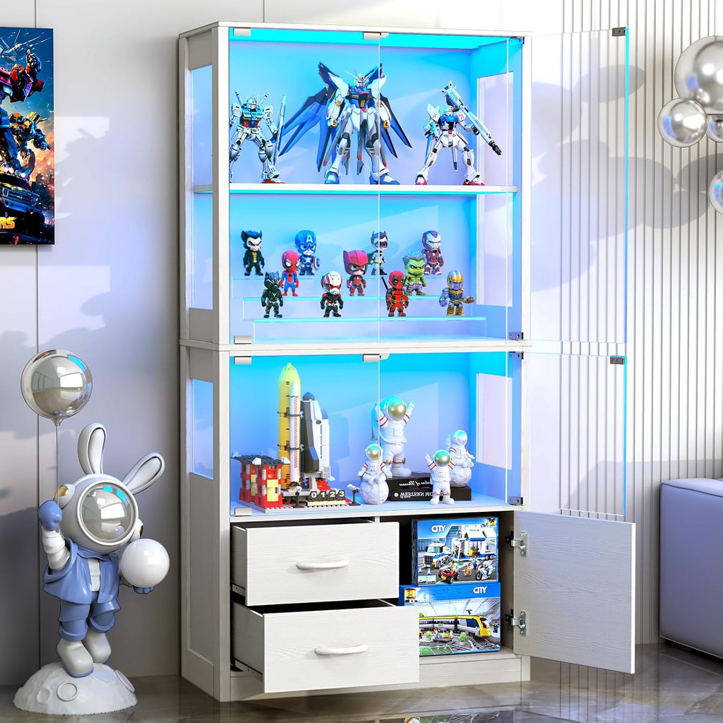 Display Cabinet with Glass Doors, 4-Tier Display Case with 3-Color Lights & Human Body Sensor, Storage Cabinets with 3 Shelves & 2 Drawers for Collectibles/Living/Dining/Game Room, White