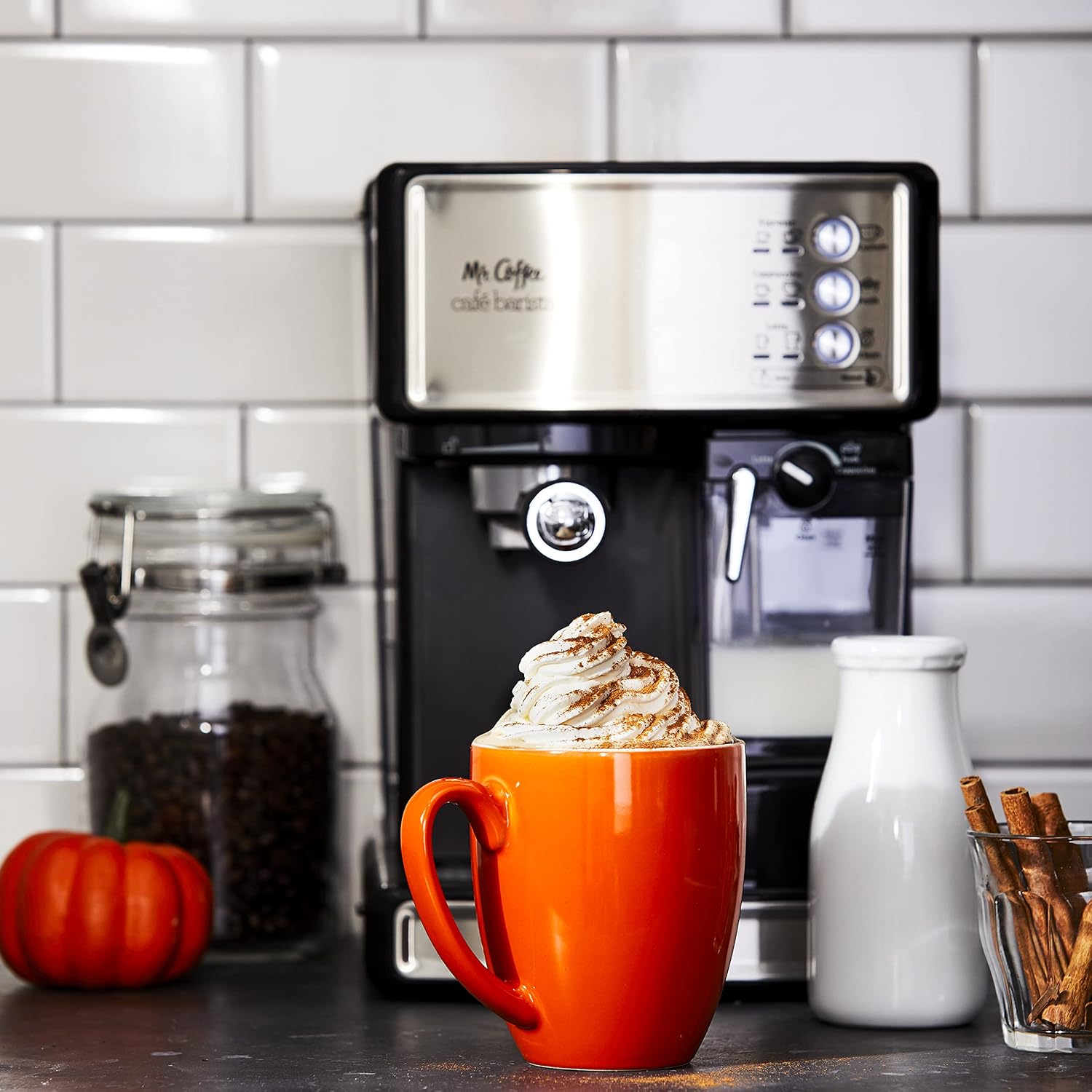Mr. Coffee Espresso and Cappuccino Machine Stainless Steel Programmable Coffee Maker with Automatic Milk Frother 15-Bar Pump Ideal for Home Baristas
