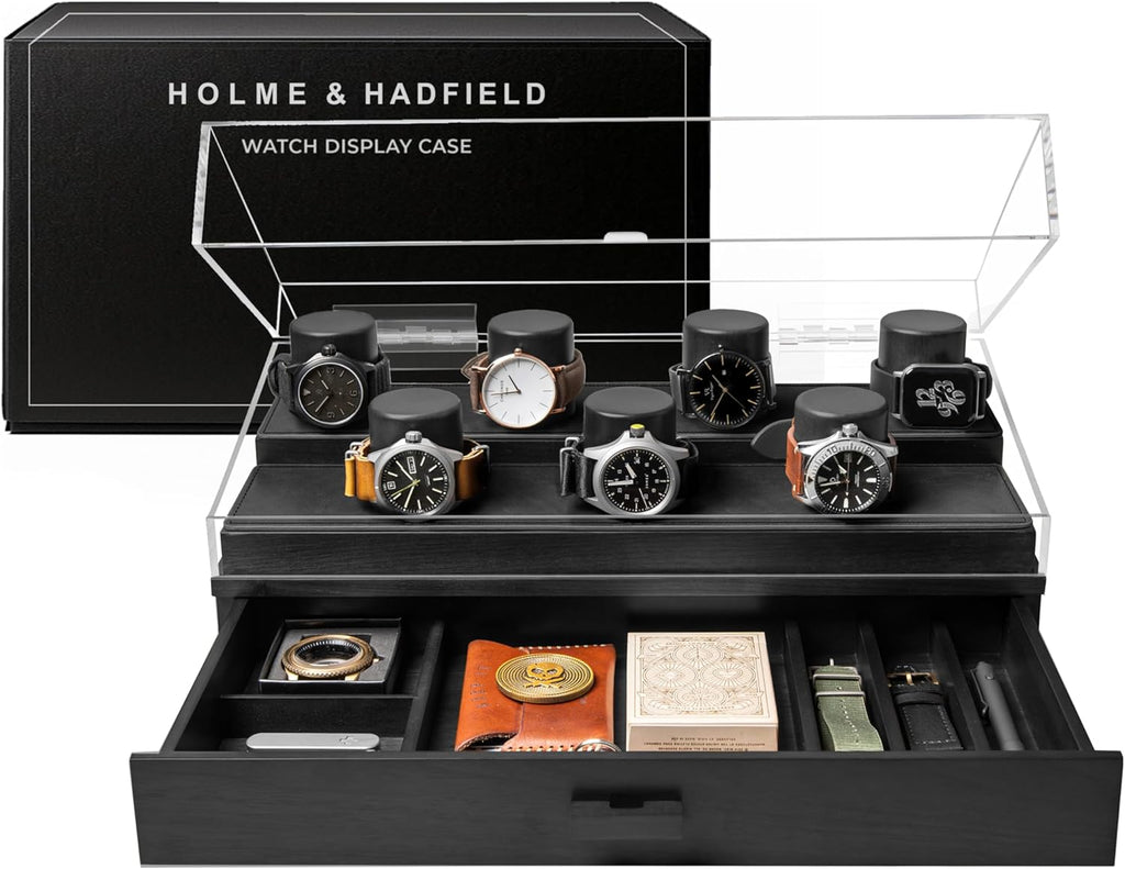 Premium 7 Slot Watch Box for Men - Large Wooden Watch Display Case with Hinged Cover, Leather Lining & Drawer - Watch Holder Organizer Stand - Handcrafted Luxury Birthday Gift for Men