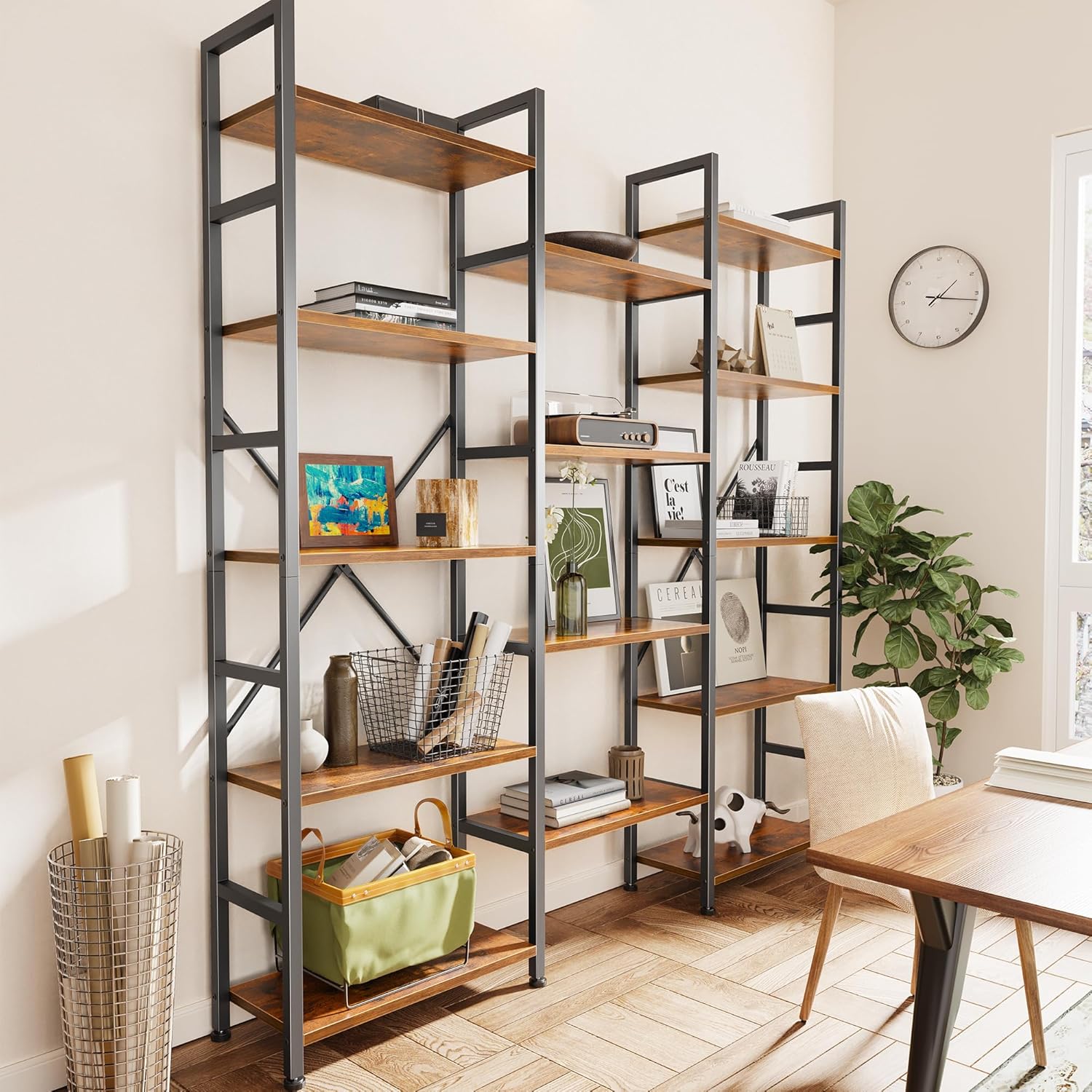 SUPERJARE Triple Bookshelf, Bookcase with 14 Open Display Shelves, Wide Book Shelf Book Case for Home & Office, 5 Tier, Brown
