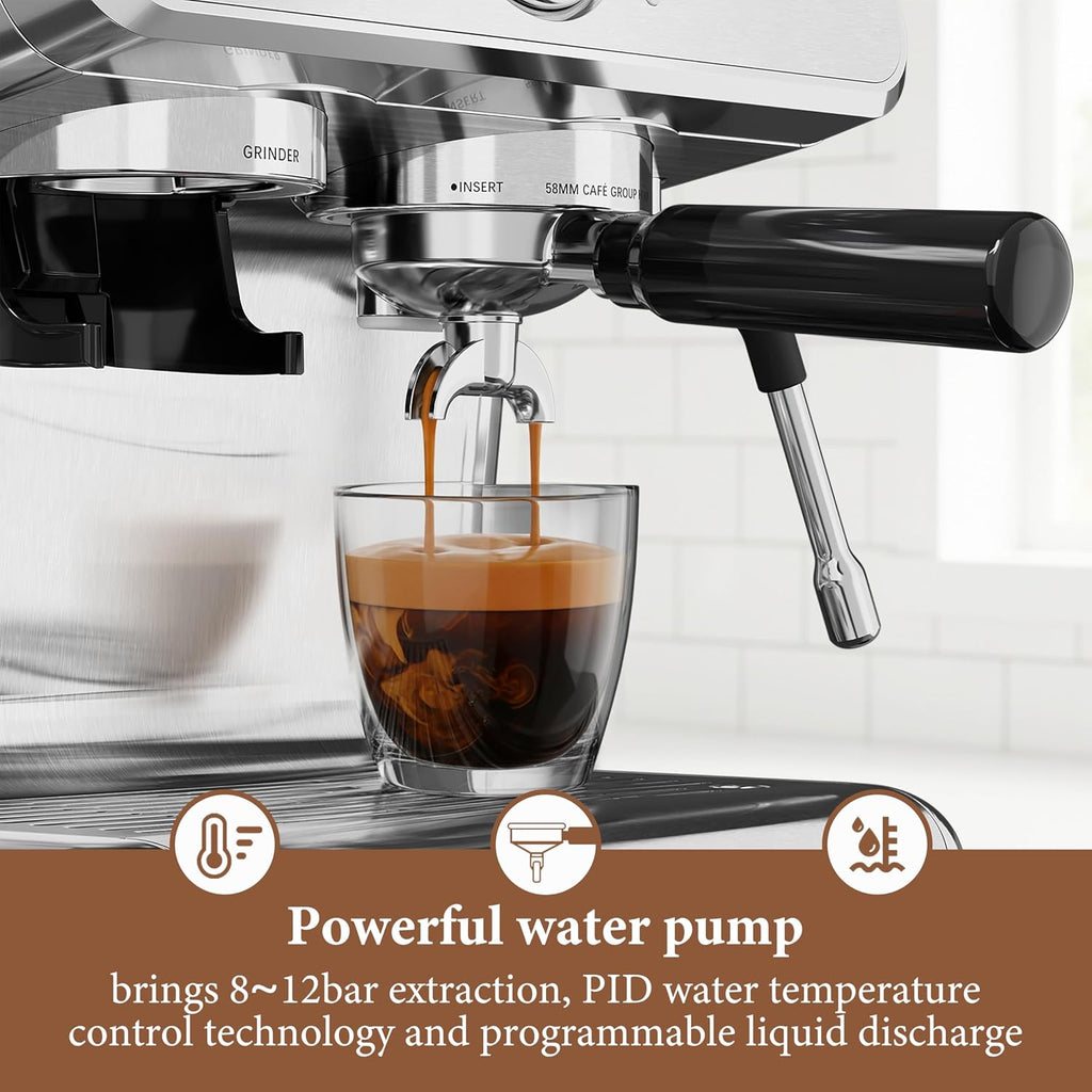 Kndko Espresso Machine with Grinder, 20 Bar Automatic Espresso Maker with Milk Frother Steam Wand, Removable Water Tank, Latte & Cappuccino Machine for Home Barista