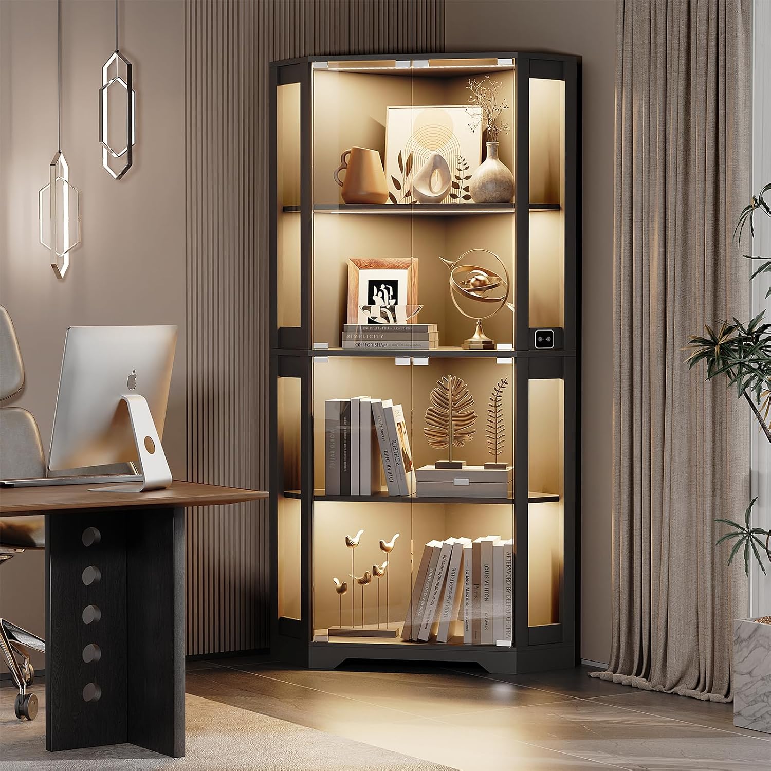 BROTTAR Corner Display Cabinet with Glass Doors, 65' Lighted Curio Cabinet with 3 Color LED Lights for Collectibles, 4-Tier Showcase Display Case with Human Body Sensor for Toys, Books, Black