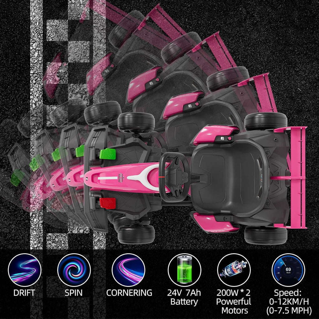 GarveeLife 24V Kids Ride on Go Kart, 7.5 mph Variable High Speed Drifting Car, 7ah Battery 200W*2 Motors,Adjustable Legroom for Kids Grows, Max Load 135 LBS, Power Display Racing Toy for 6+,Pink
