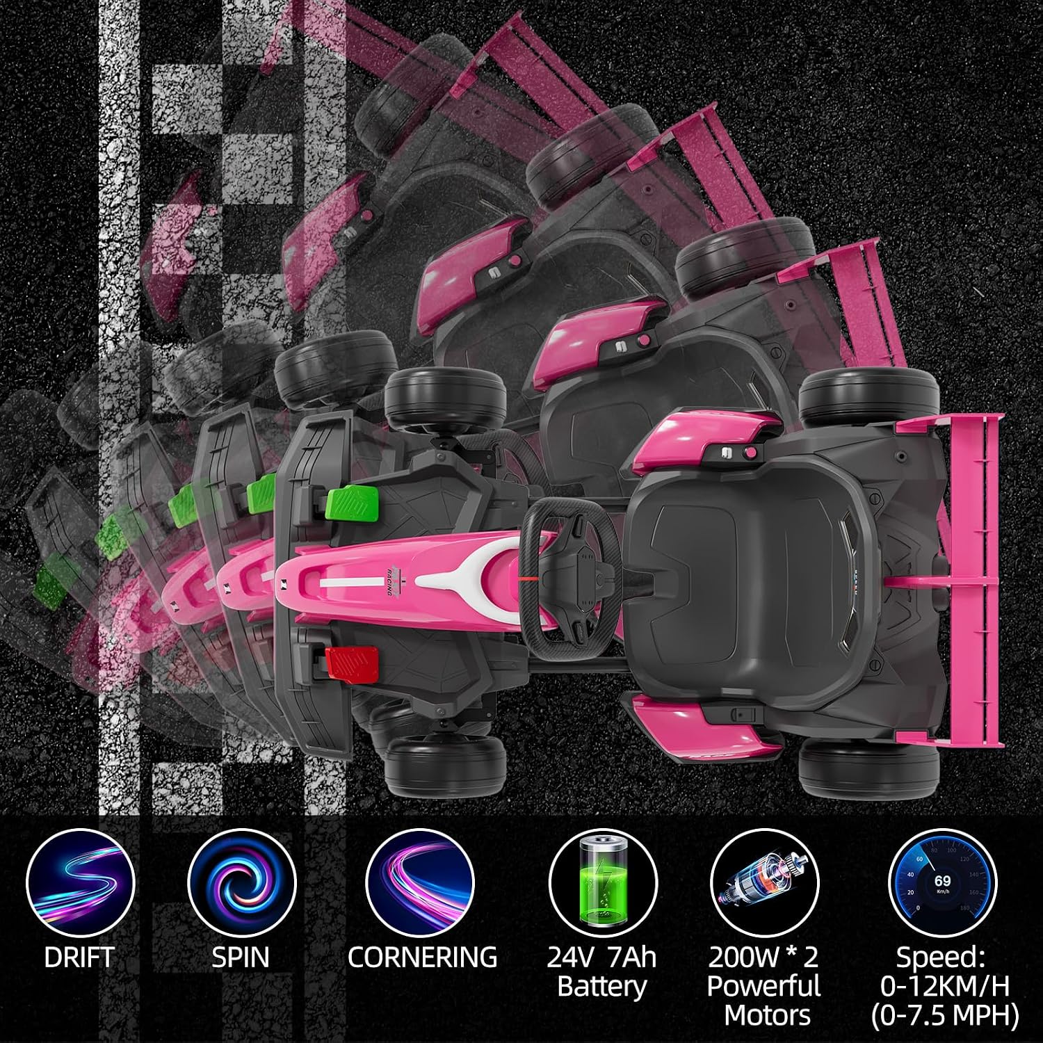 GarveeLife 24V Kids Ride on Go Kart, 7.5 mph Variable High Speed Drifting Car, 7ah Battery 200W*2 Motors,Adjustable Legroom for Kids Grows, Max Load 135 LBS, Power Display Racing Toy for 6+,Pink