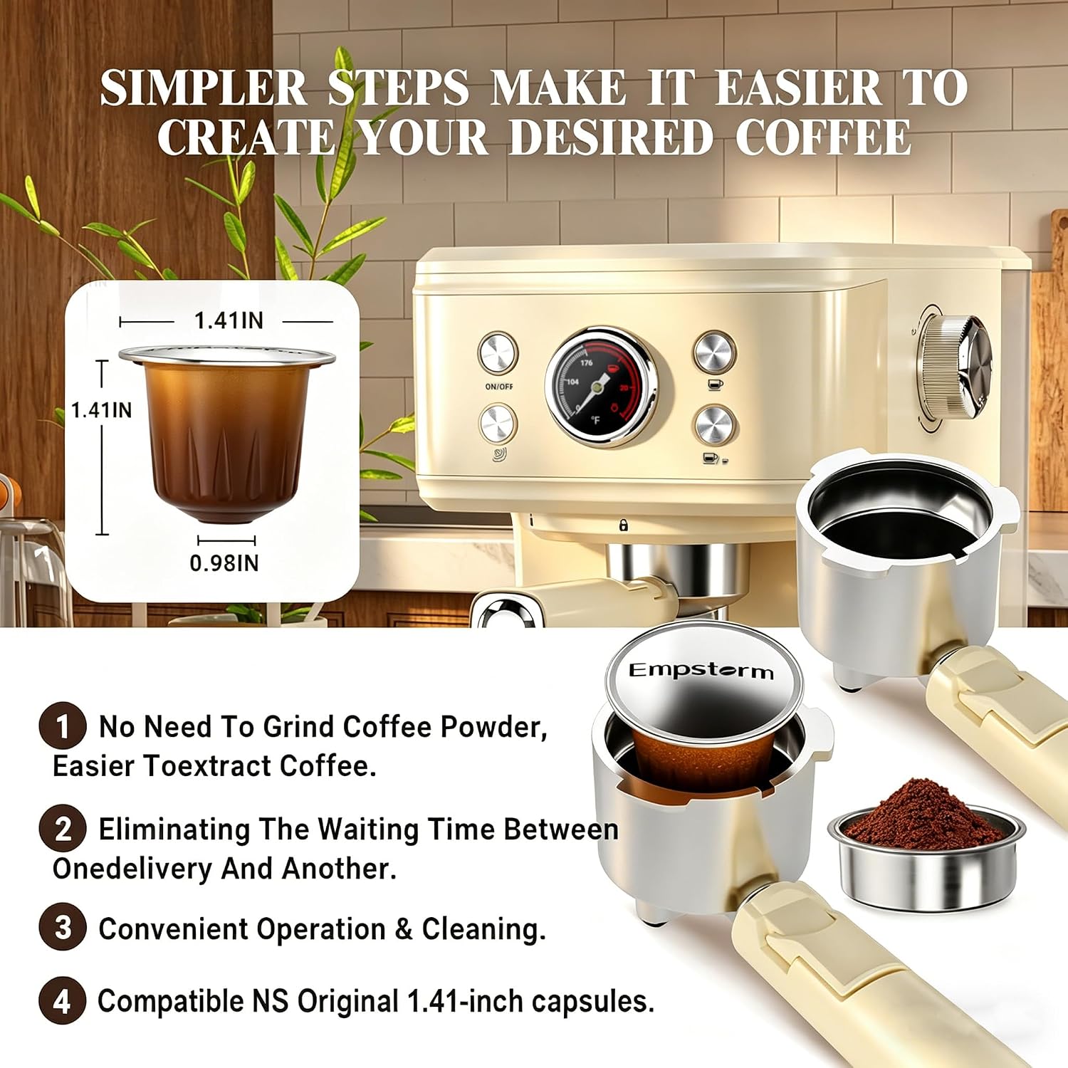 Empstorm Espresso Machine 20 Bar, 2 in 1 Espresso Maker with Milk Frother Steam Wand for Latte and Cappuccino, Powder and Capsule Portafilter, 50oz Removable Water Tank Coffee Machine for Home-White