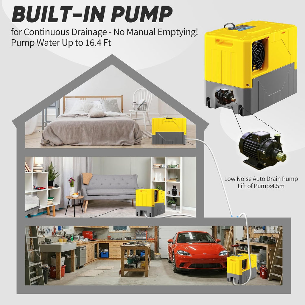 190Pints High Efficiency Commercial Dehumidifier for Basements-6000 Sq.Ft. Industrial Grade Dehumidifiers with Pump & Drain Hose for Crawl Spaces Water Damage Restoration-Yellow-1PC