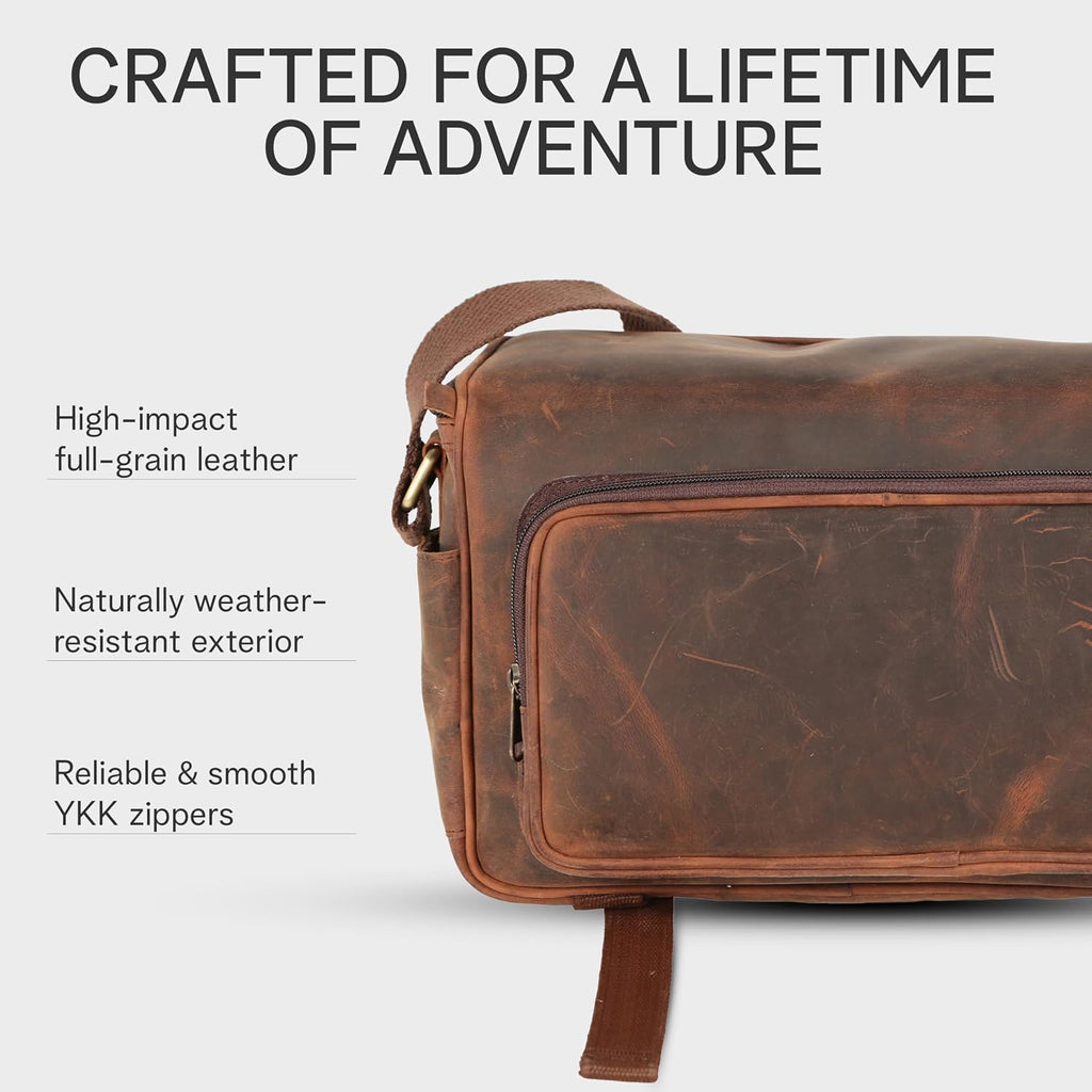 rofozzi Leather Camera Messenger Bag, Crossbody Camera Bag for Photographers with Tripod Carry Lugguage Sleeve