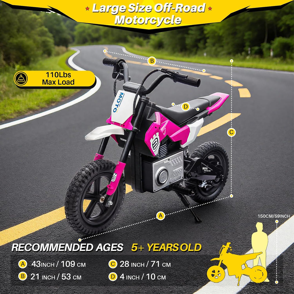 Blitzshark 24V Electric Dirt Bike for Kids，200W Motor Electric Motorcycle Aged 5-12, Motorbike for Kids, Adjustable Speed, LED Breath lamp,Bluetooth,Music,Horn,Speeds 3-9MPH, Pink