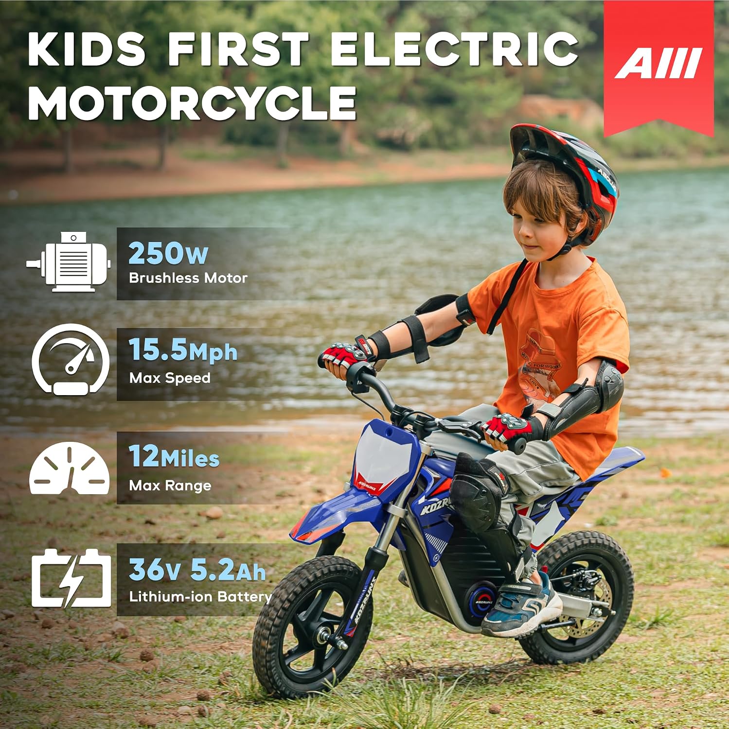 AIII 36V Electric Dirt Bike for Kids 3-8, High Performance 250W Racing Grade Motorcycle, Up to 15.5MPH, 3 Speed Settings, 12-Inch Off-Road Tires, Rear Disc Brakes & Advanced Shock Absorption, Blue