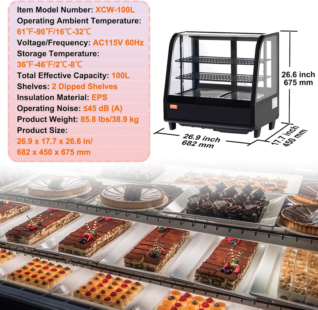 VEVOR 3.5 Cu.Ft Countertop Pastry Case ETL NSF DOE Certified Commercial Display Refrigerator with LED Lighting, Turbo, Frost-Free Air-Cooling, Rear Sliding Door, Curved, Black