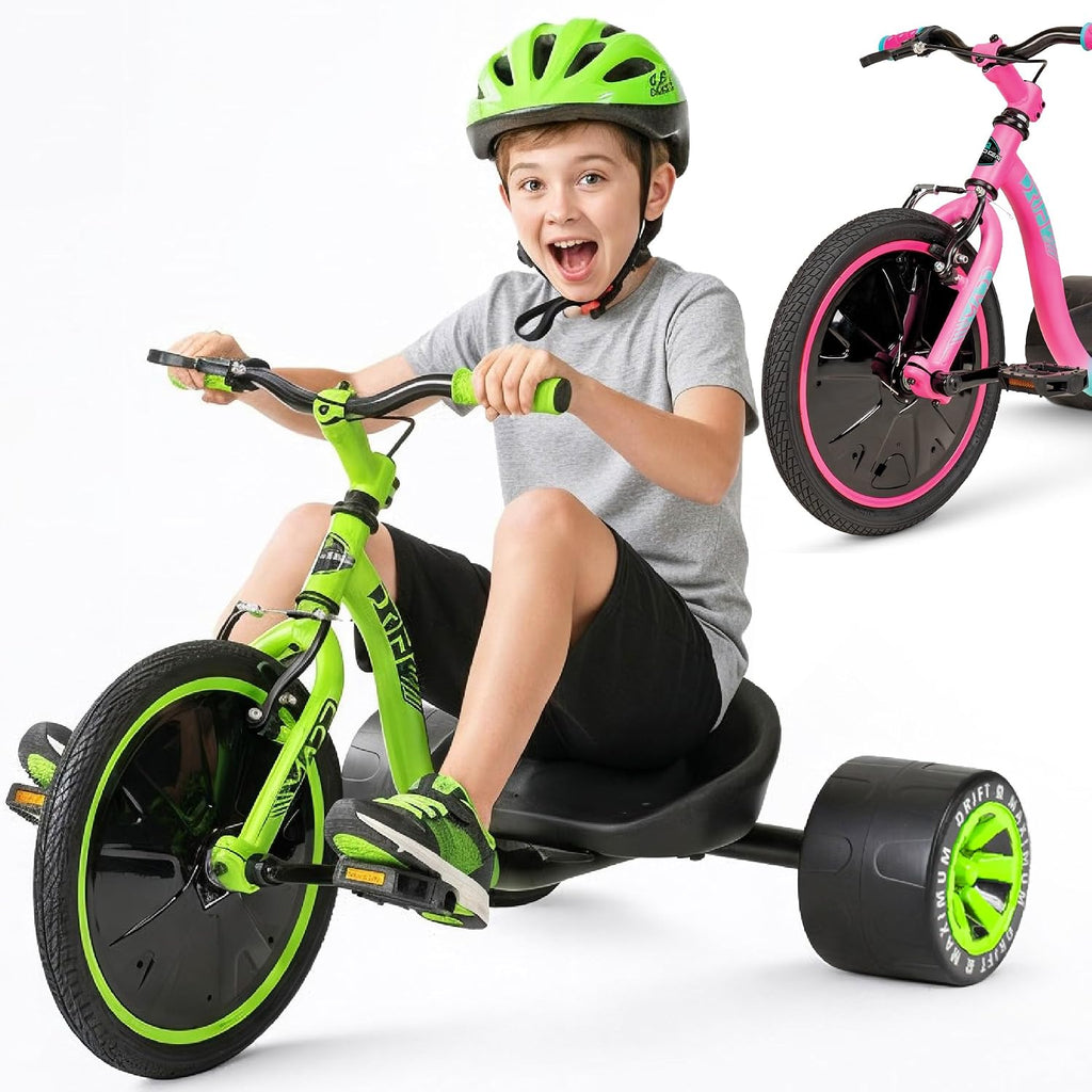Drift Trike for Kids Ages 5+ 16' Front Wheel Ride-On with Adjustable Seat, Steel Frame, Rear Slick Drift Wheels & Safety Flag – Madd Gear Green Black