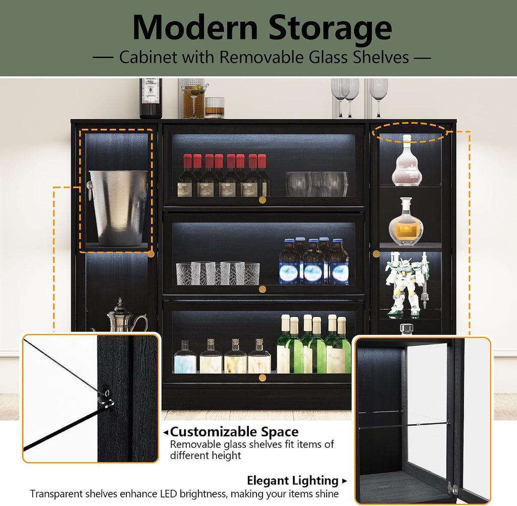 Display Cabinet with Acrylic Glass Doors,Extra Wide Curio Cabinet with LED Lighting for Collectibles, Collectibles Toy Organizers Rack & Display Shelf Display Case, Black