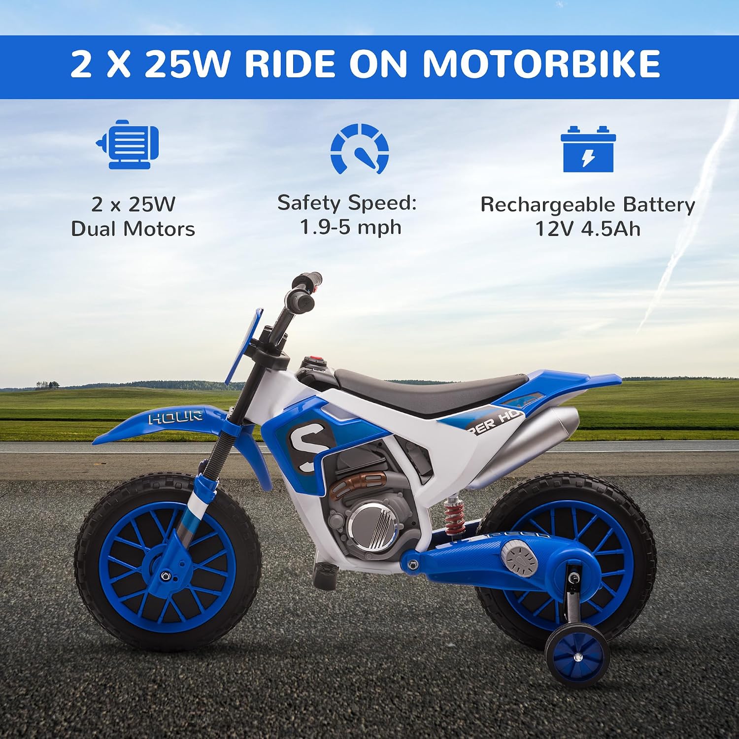 Aosom 12V Kids Motorcycle w/Treaded Tires, 5mph Top Speed Electric Bike for Kids, Ride On Motorcycle w/Training Wheels, Battery Charger, Spring Suspension, Blue