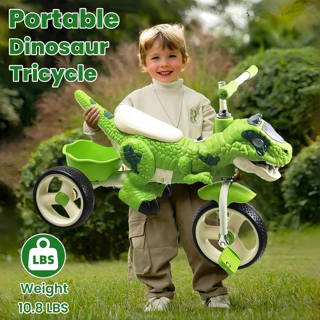 Dinosaur Kids Tricycle for Ages 3-7 Years, Kids Trike Bike Big Wheel with Rubber Wheels, Storage Basket and Music Light, Indoor Outdoor Preschool Kids Bike, Gift for Ages 3-7 Girls & Boys