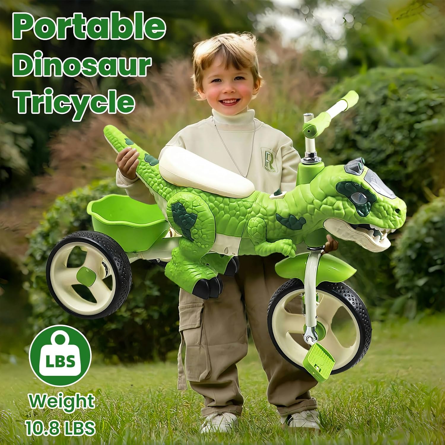 Dinosaur Kids Tricycle for Ages 3-7 Years, Kids Trike Bike Big Wheel with Rubber Wheels, Storage Basket and Music Light, Indoor Outdoor Preschool Kids Bike, Gift for Ages 3-7 Girls & Boys