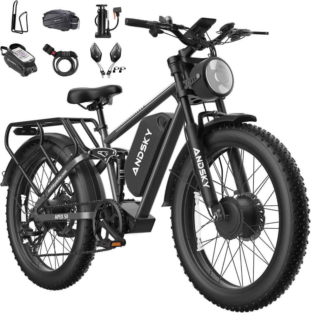 9000W Peak Dual Motor Electric Bike for Adults, 52V/48V 26' Fat Tire Full Suspension, 40-47MPH & 110 Miles, Hydraulic Brakes, UL2849