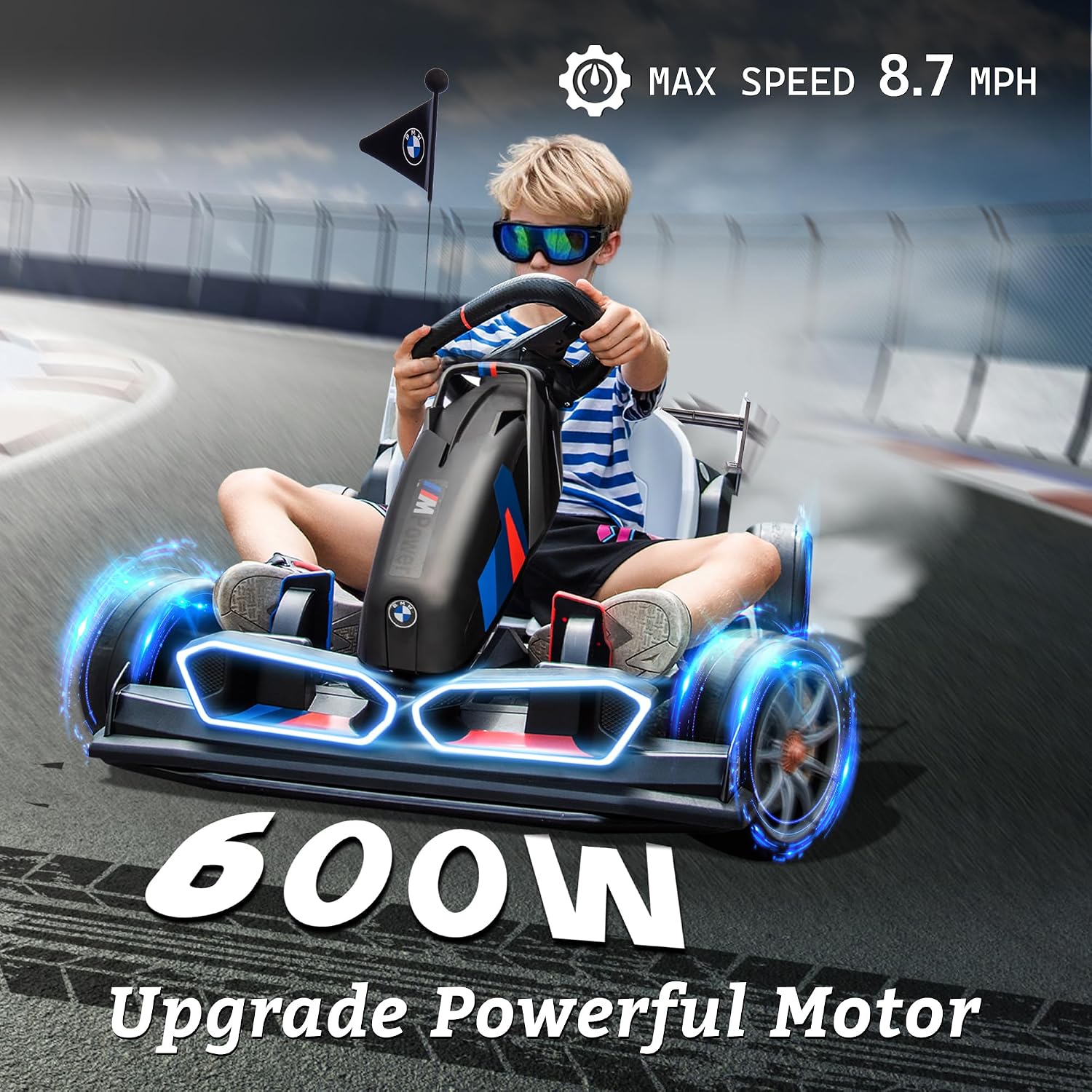 FORESEE 36V Licensed BMW Kids Electric Go Kart, Battery Powered Drift Kart w/Adjustable Seat, Ride On Toy for Big Kids Ages 6+, 8.6MPH Racing Go Cart w/600W Motor, LED Lights & Safety Belt, Black