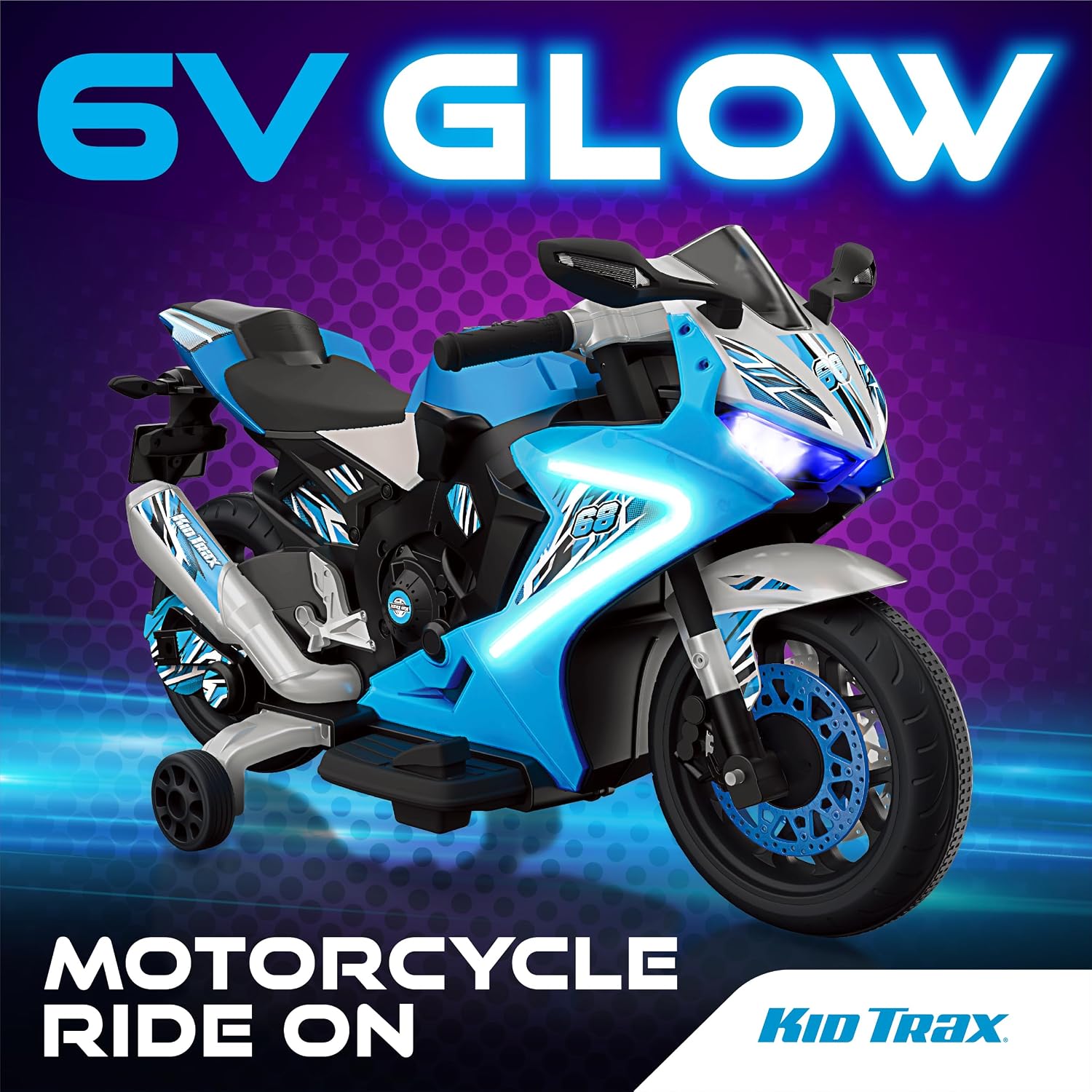 Kid Trax 6V Glow Electric Toddler Kids Motorcycle - Toddler Bike, Indoor/Outdoor Toys, Durable, LED Headlights and Body Light, Realistc Sounds, Kids Ride On Toys, Max Weight 65lbs, Ages 3+, Blue