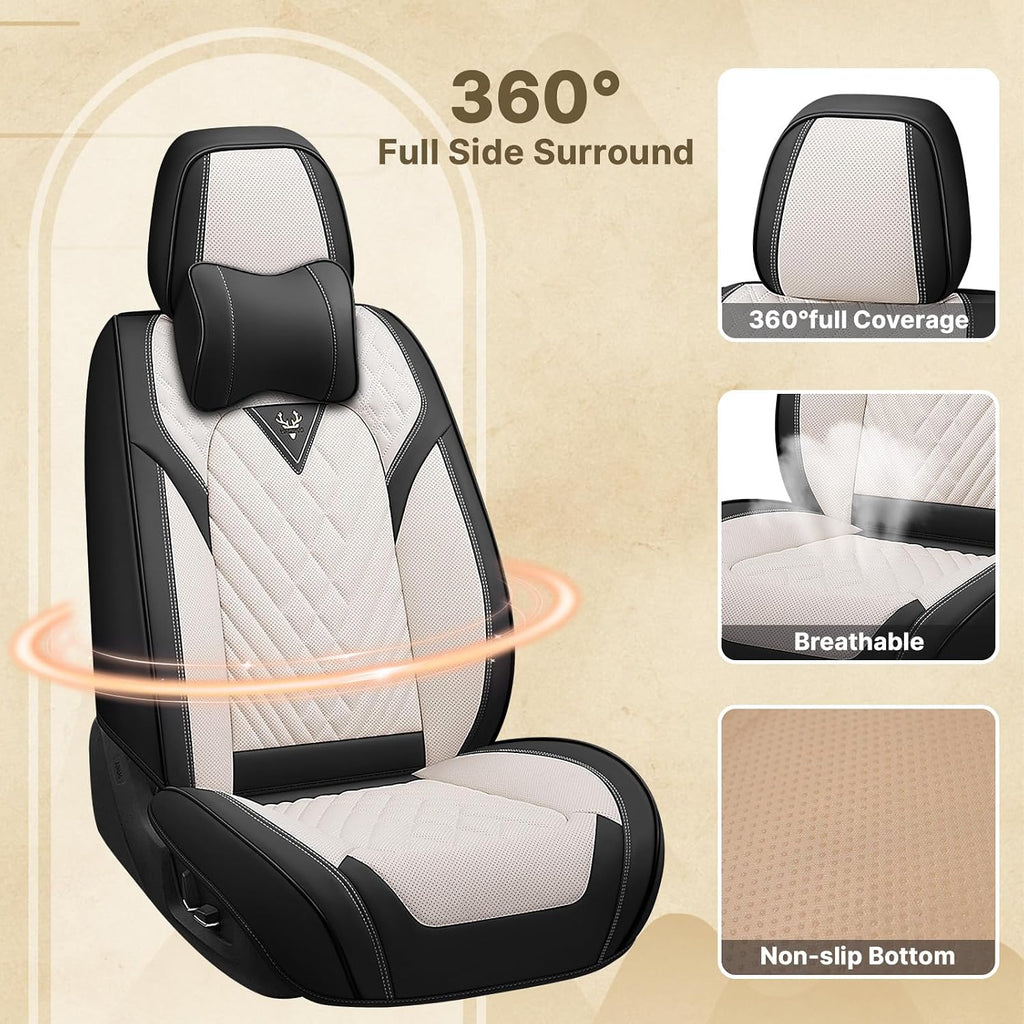 Fit for 97% of Cadillac Seat Covers, Fashion Sport Seat Cover with Waterproof Leather, Airbag Safe Design Seat Protector (5 Full Seat Luxury, Black White)
