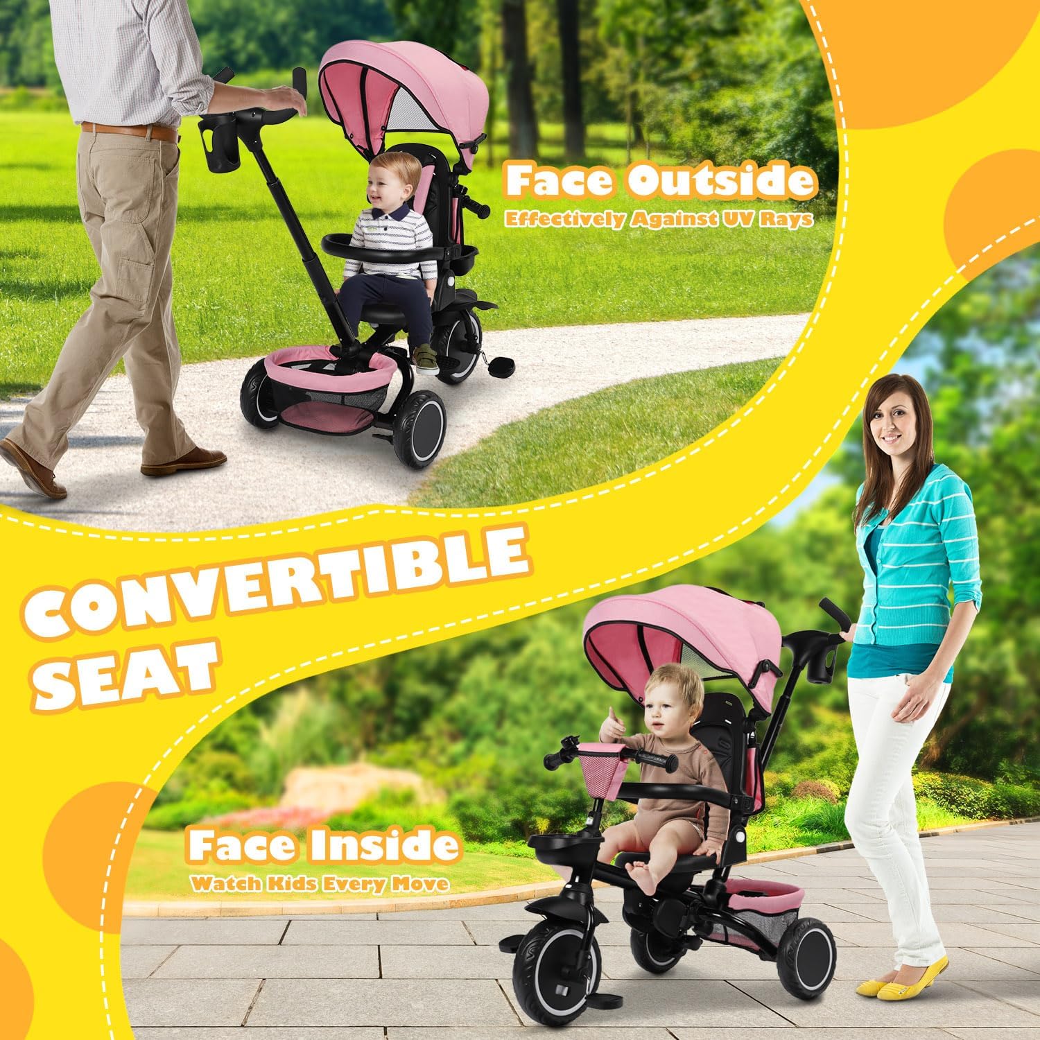 TODEFULL Folding Kids Tricycle, 8 in 1 Toddler Trike W/Removable & Adjustable Canopy, Parent Handle, 5-Piont Harness, Toddler Bike Tricycle for Kids 1-6 Years, EVA Wheels, Storage Basket, Pink