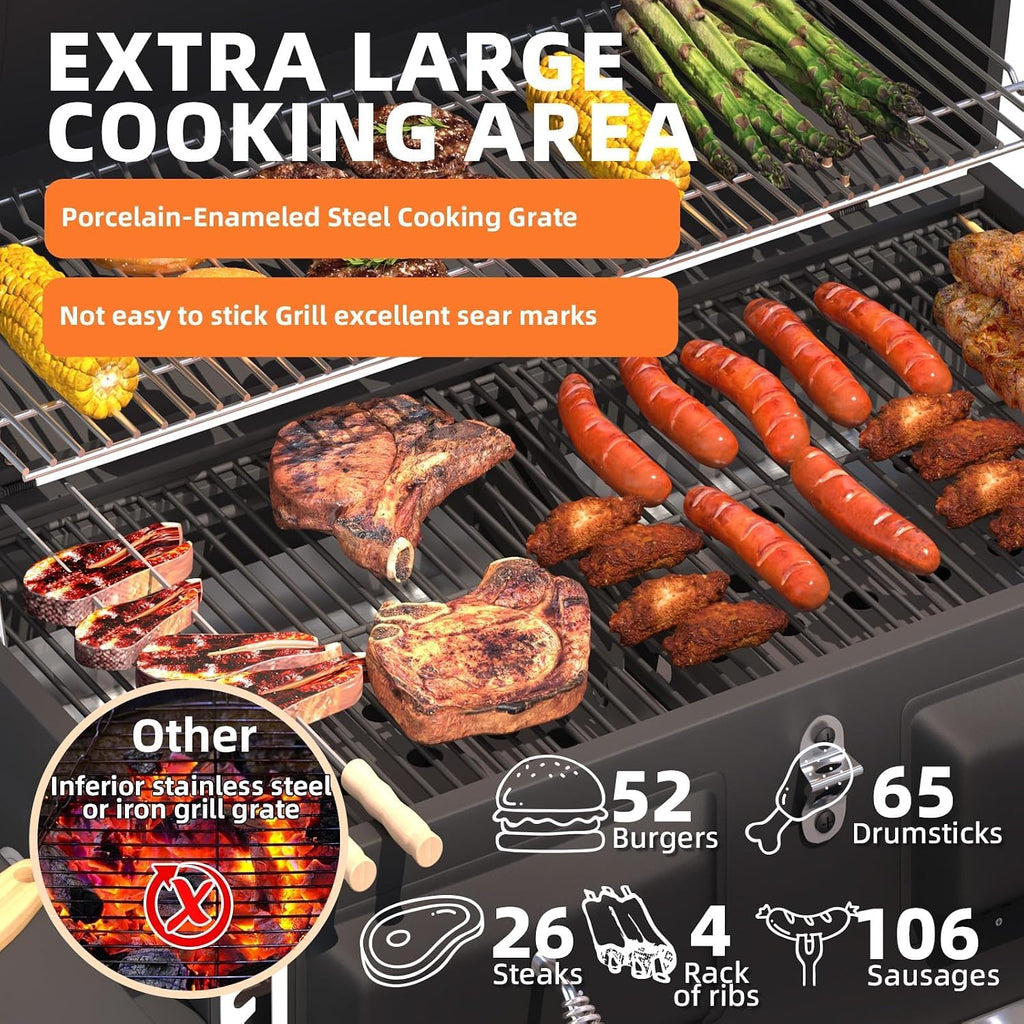 MELLCOM Charcoal Grills, 36 In Large BBQ Grill with Storage Cabinet, 620 Sq.In Oversized BBQ Area, Individual Lifting Charcoal Trays, Foldable Side Tables and Thermometer for Patio, Outdoor, Balcony
