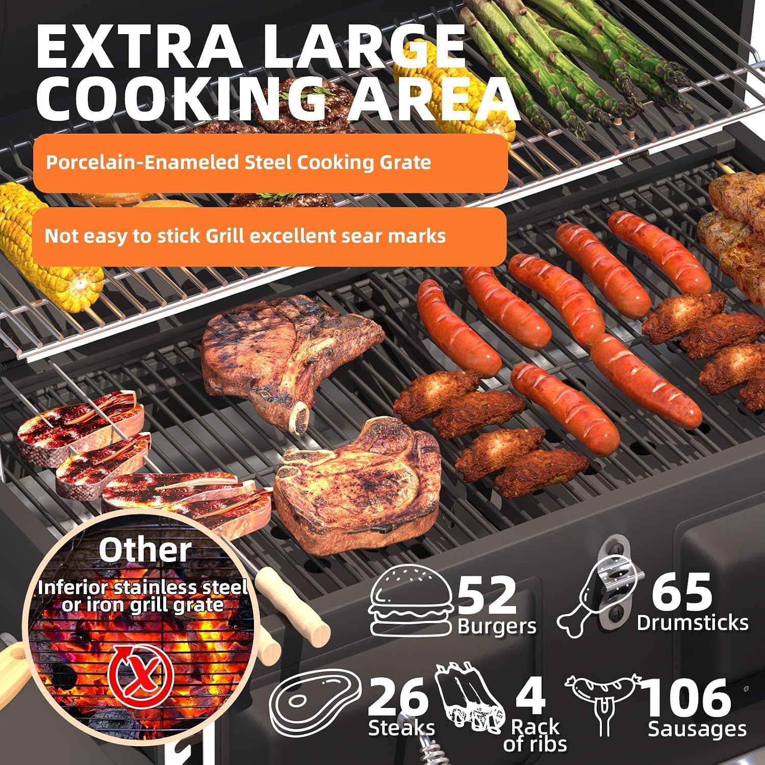 MELLCOM Charcoal Grills, 36 In Large BBQ Grill with Storage Cabinet, 620 Sq.In Oversized BBQ Area, Individual Lifting Charcoal Trays, Foldable Side Tables and Thermometer for Patio, Outdoor, Balcony
