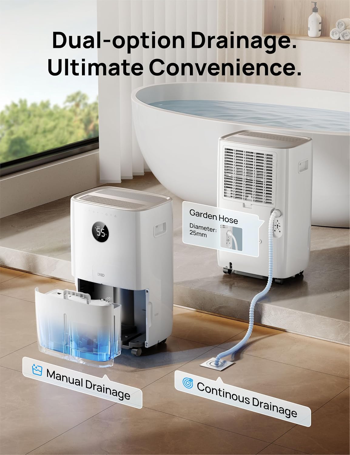 DREO 110-Pint Smart Dehumidifier for Basement, 4500 Ft² for Large Room, 2 Gallon Water Tank, Auto/Comfort/Constant Mode Dehumidifiers for Home, Bedroom, Bathroom, with Drain Hose, Starlight, 711S