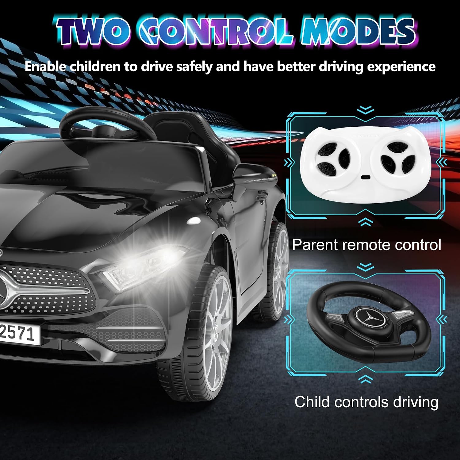 12V Kids Ride On Car with 2.4G Remote Control,Battery Powered Electric Car Ride On Vehicle Double Doors, Safety Belt,LED Light (SC-Black)