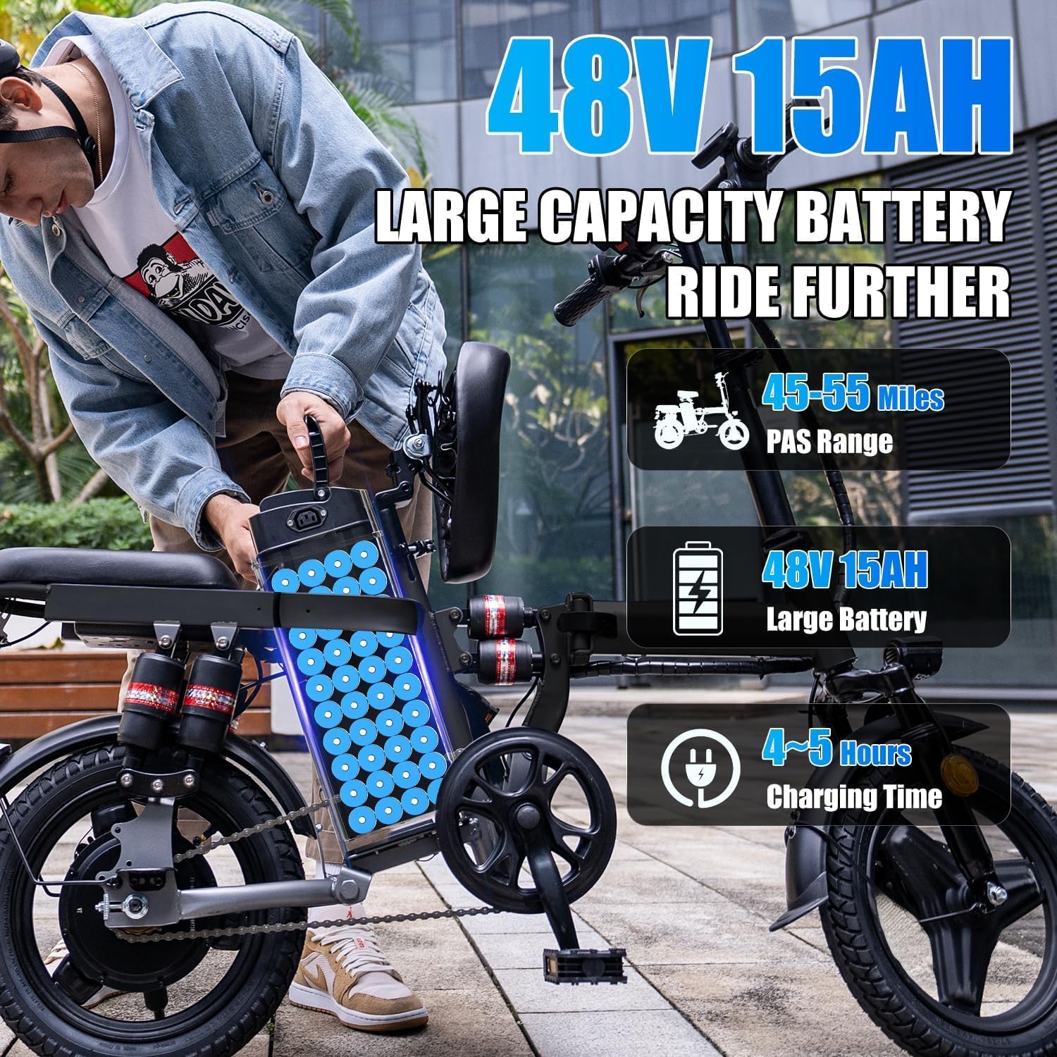 ASKGO Electric Bike for Adults Teens, 800/1200W Peak Folding Ebike, 22/25MPH & 30/45 Miles Range, Dual Suspension & Dual Brake, 3-Speed Modes, 14' Portable Electric Mini Bike, Commuting Ebike