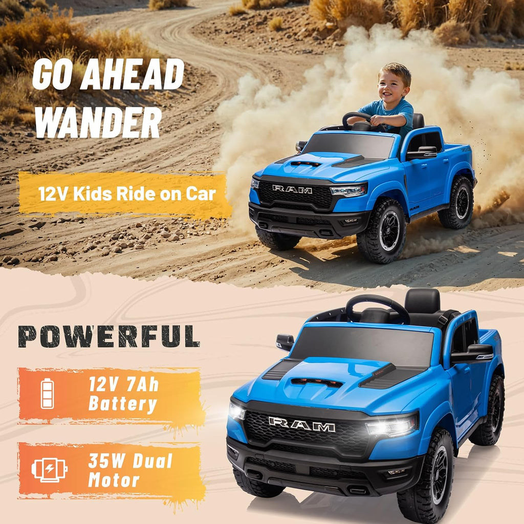 YOFE Ram 1500 RHO Ride on Car for Kids,12V Electric Truck Car with Remote,Kids Ride on Toy Car with Raised Windows,Safety Belt,Bluetooth,Music for Age 3-8 (Blue)