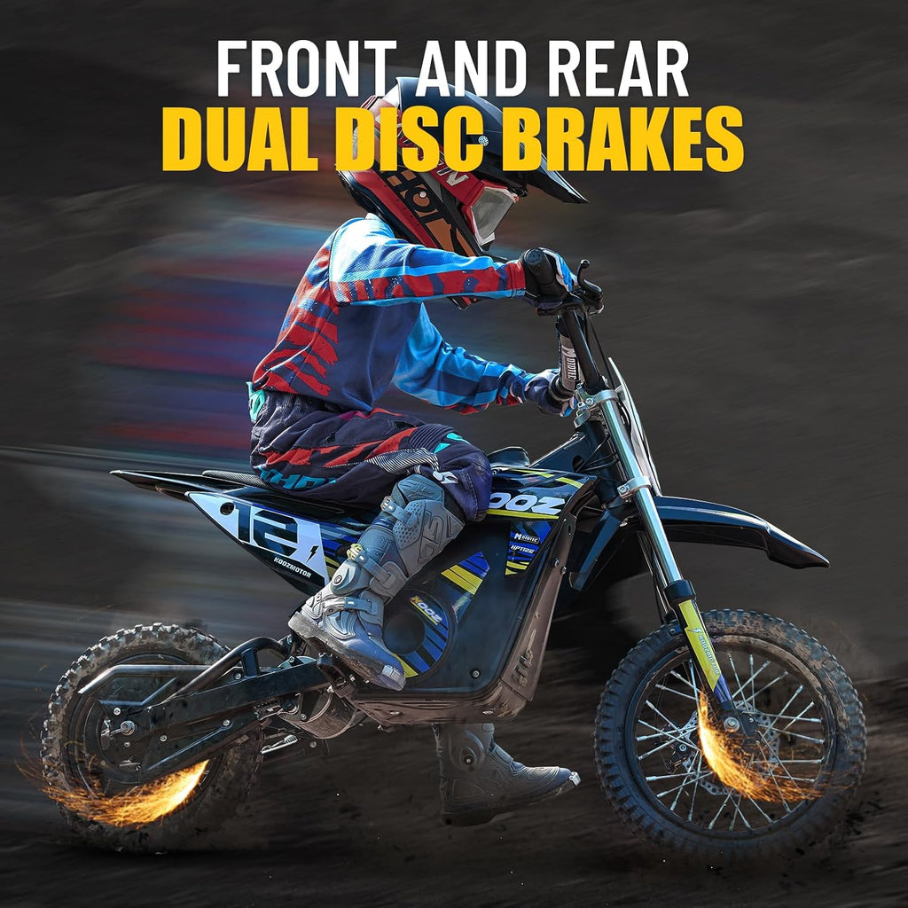 KOOZ HP112E 36V 1000W Electric Dirt Bike for Kids, 3 Speed Modes Teen Electric Motorcycle Up to 18 MPH & 15 Miles Long-Range, Dual Suspension & Disc Brake, 16' Sturdy Tire for Kids Teenagers (Blue)