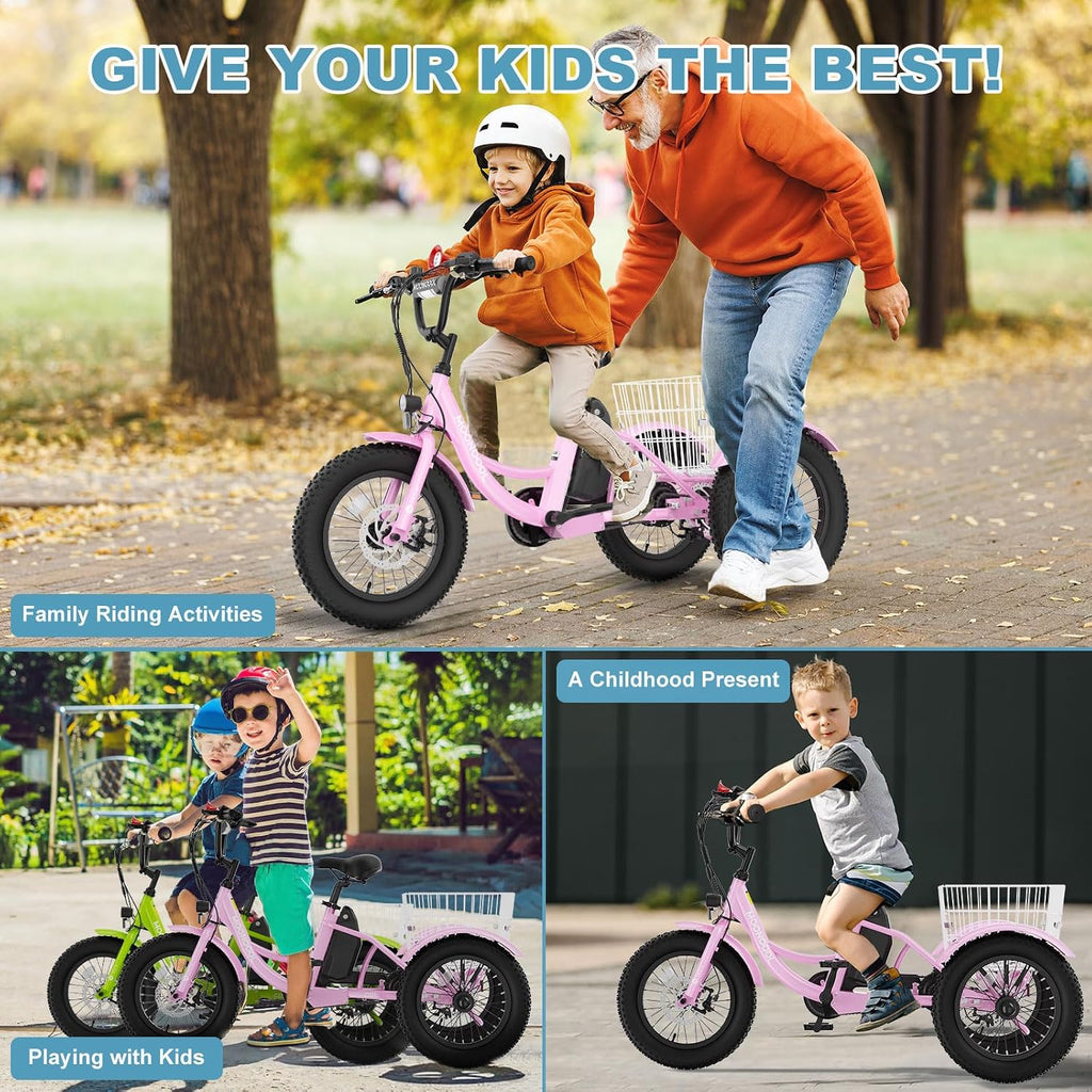 16 Inch Kids Electric Tricycle, 250W 24V Fat Tire Electric Trike, 3 Wheels Electric Bike Cruiser Bicycle, Aluminum Frame Motored Trike with Adjustable Seat and Removable Battery, Pink