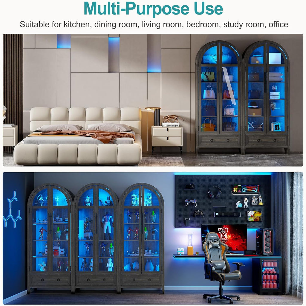 Lvifur 73' Tall Arched Display Cabinet with Glass Doors,4-Tier Storage Cabinet with Human Body Sensor,LED Curio Cabinets with 3 Color Lights for Collectibles,Ajustable Shelf for Toys, Books,Brown