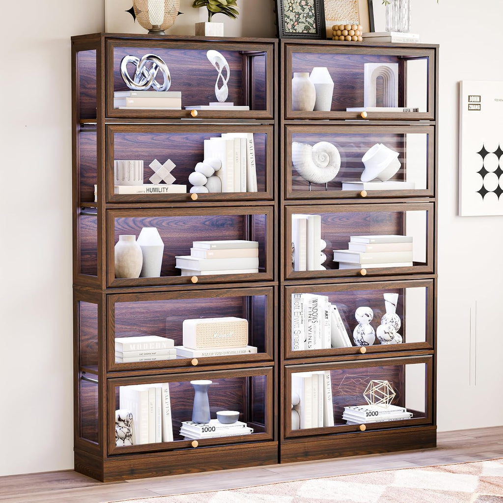 Display Cabinet with Acrylic Glass Doors,5-Tiers Curio Cabinet with LED Lighting for Collectibles, Collectibles Toy Organizers Rack & Display Shelf Display Case Storage Cabinet, Walnut
