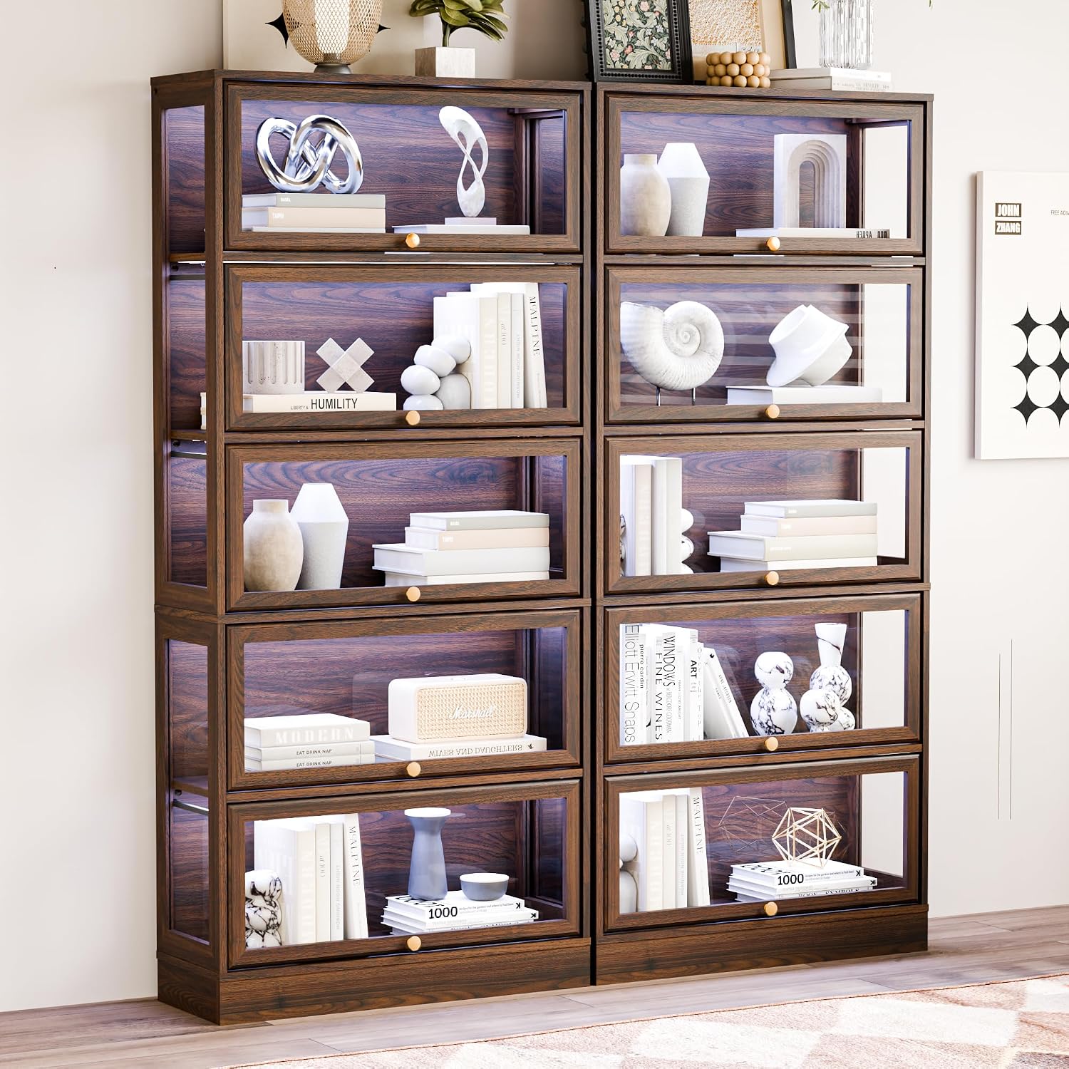 Display Cabinet with Acrylic Glass Doors,5-Tiers Curio Cabinet with LED Lighting for Collectibles, Collectibles Toy Organizers Rack & Display Shelf Display Case Storage Cabinet, Walnut