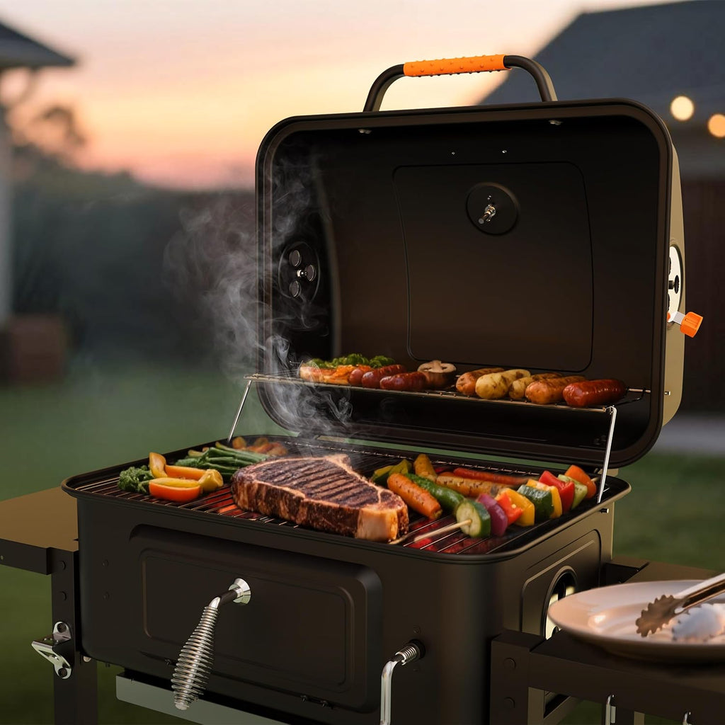 KEYO GRILL 24-Inch Barrel Charcoal Grill, Dual Venting System Outdoor BBQ Grill with Height Adjustable Charcoal Pan, Foldable Side Tables Outdoor Large Barbecue Grills for Backyard and Camping.
