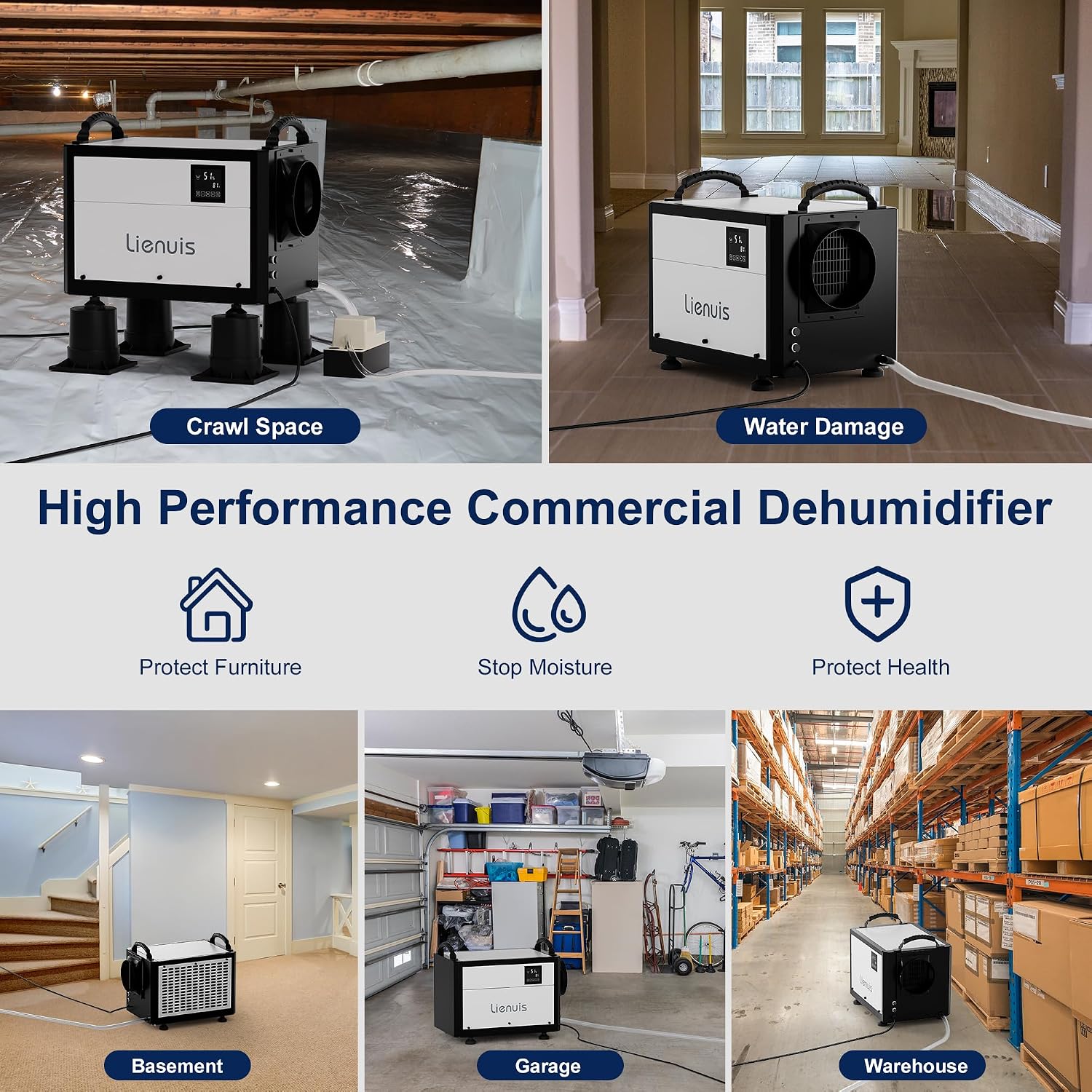 Crawl Space Dehumidifier with Drain Hose, Industry Water Damage Restoration, Auto Defrost, Memory Starting, Remote Control, CSA Listed, 110 Pints Commercial Dehumidifier for Warehouse Whole House