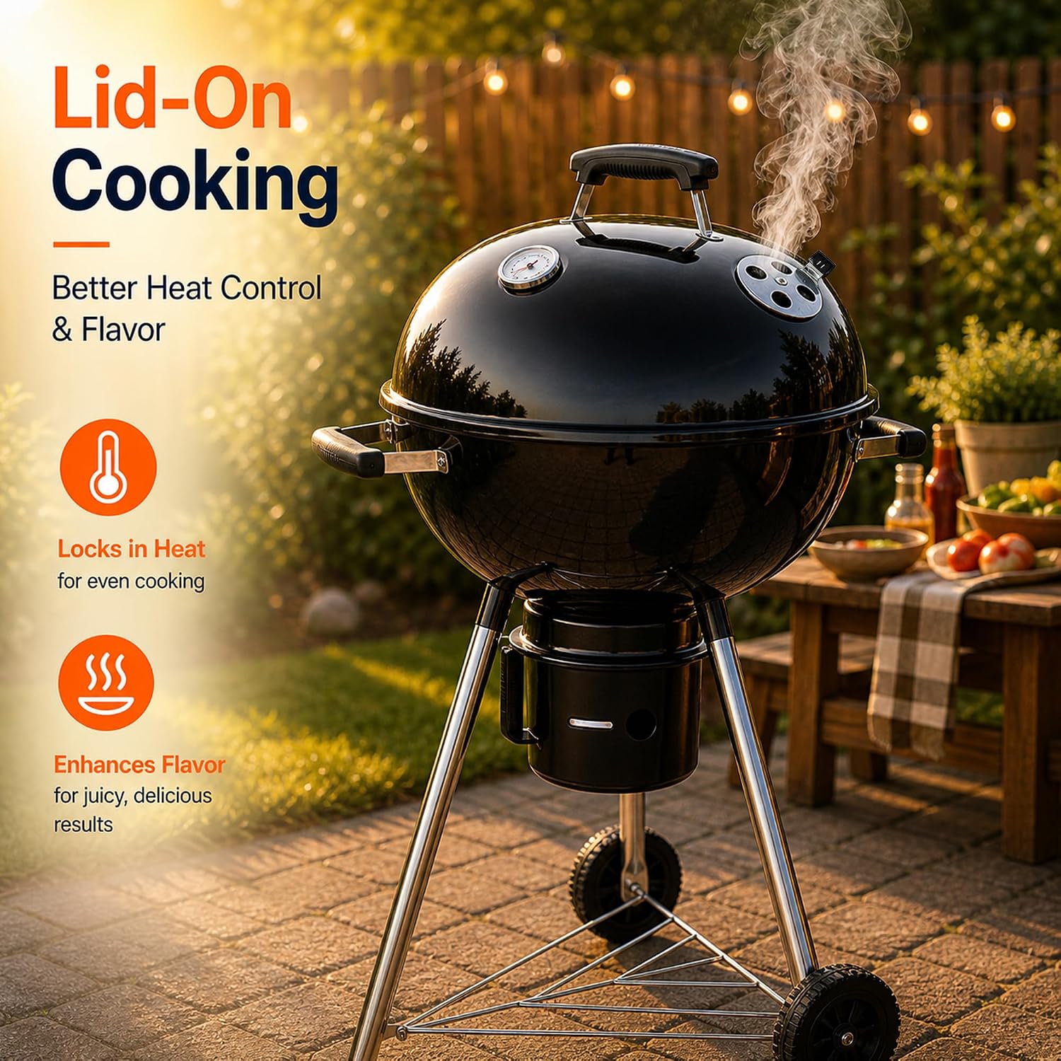 18 Inch Charcoal Grill with Lid & Ash Catcher, Kettle BBQ Grill for Backyard & Patio, Easy Temperature Control, Family Grill for 4–6 People