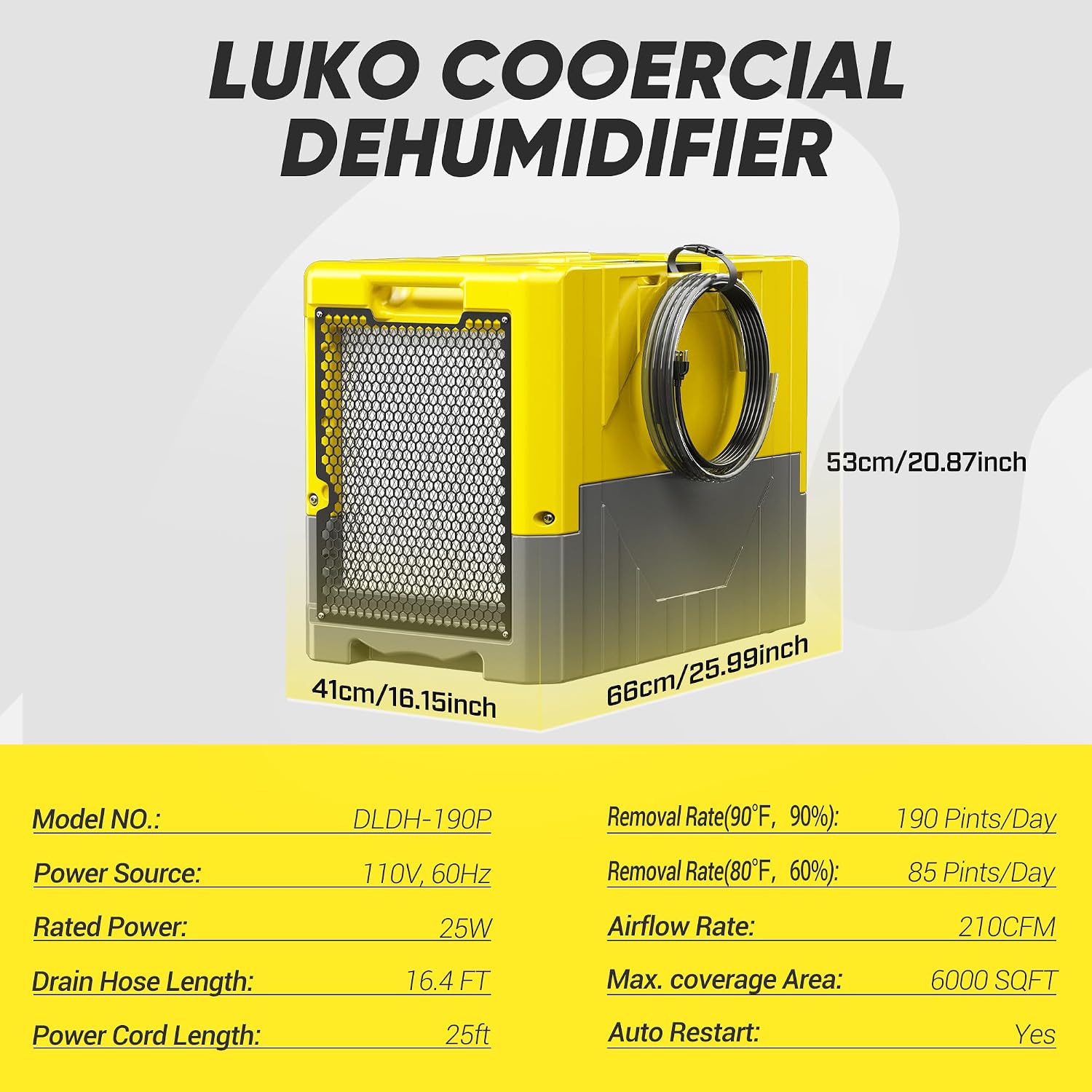 190Pints High Efficiency Commercial Dehumidifier for Basements-6000 Sq.Ft. Industrial Grade Dehumidifiers with Pump & Drain Hose for Crawl Spaces Water Damage Restoration-Auto Defrost, Memory Starting