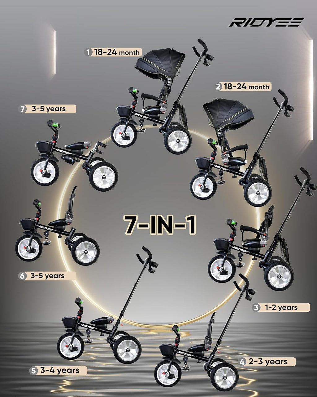 RIDYEE 7-in-1 Folding Toddler Tricycle for 18 Months to 5 Years, Tricycle Stroller with Dual Brakes, All-Terrian Rubber Tire, Tricycle for Toddlers with Rotatable Seat, Adjustable Push Handle, Black
