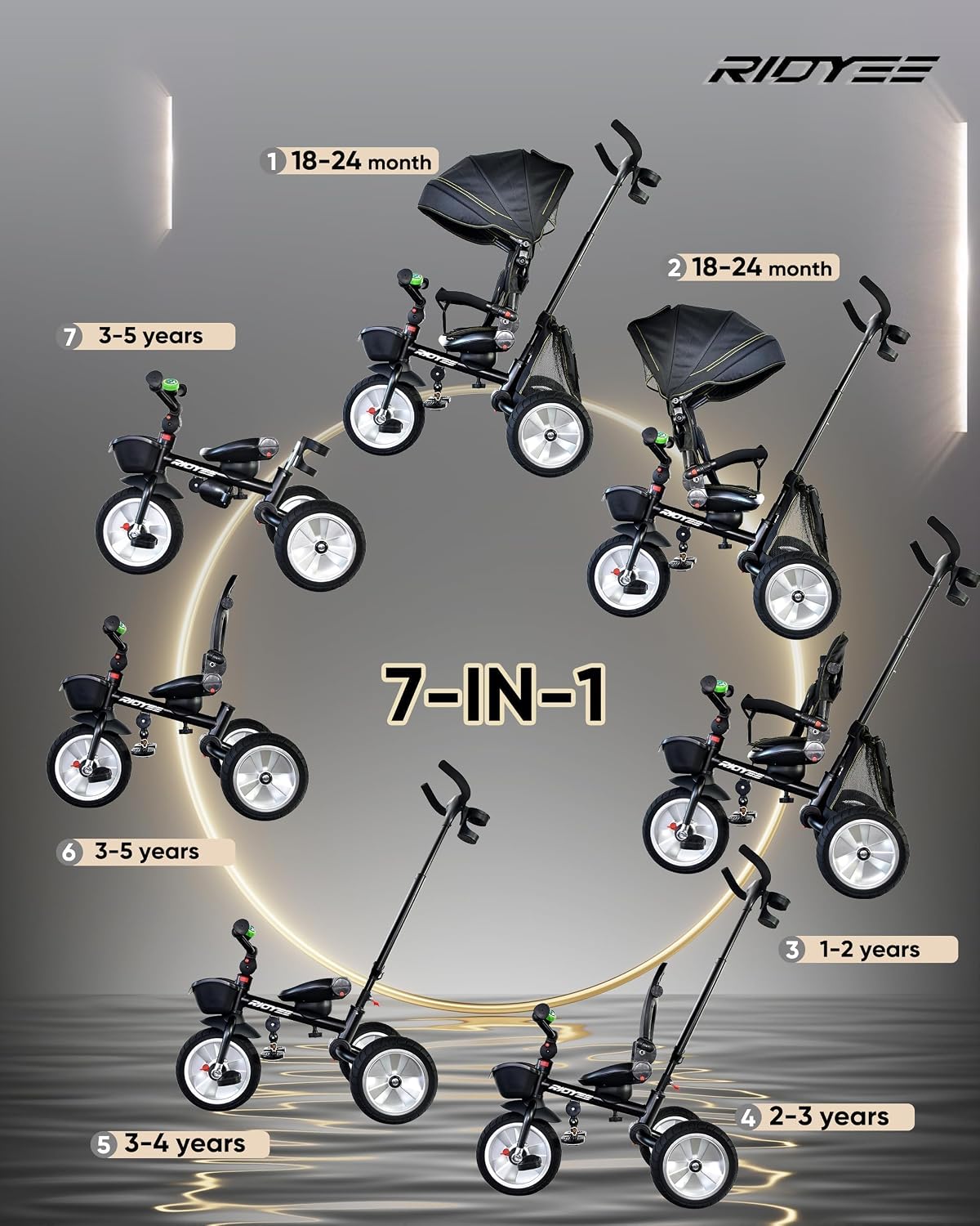 RIDYEE 7-in-1 Folding Toddler Tricycle for 18 Months to 5 Years, Tricycle Stroller with Dual Brakes, All-Terrian Rubber Tire, Tricycle for Toddlers with Rotatable Seat, Adjustable Push Handle, Black