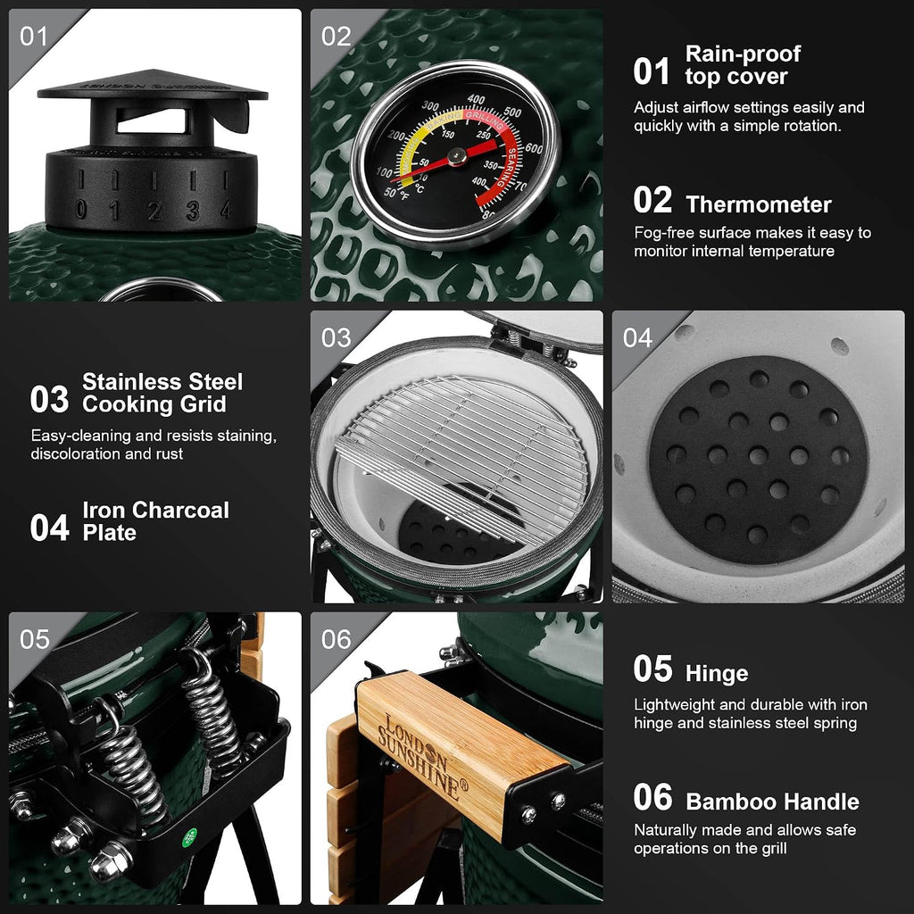 London Sunshine 15-inch Ceramic Kamado Charcoal BBQ Grill & Smoker with Locking Casters, Foldable Side Shelves, Stainless Steel Grates, and Tall Stand (Green)