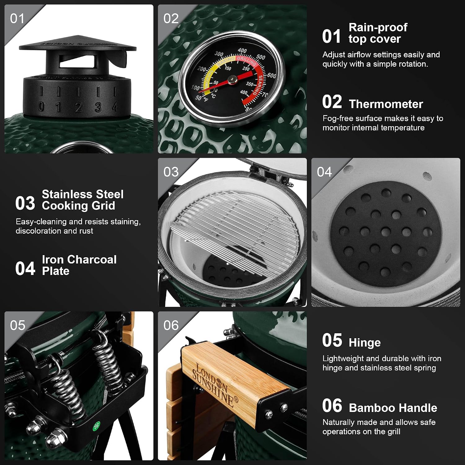 London Sunshine 15-inch Ceramic Kamado Charcoal BBQ Grill & Smoker with Locking Casters, Foldable Side Shelves, Stainless Steel Grates, and Tall Stand (Green)