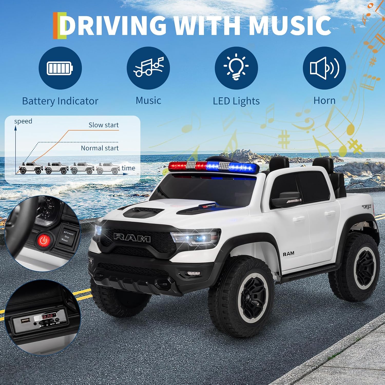 Garvee Ride On Car, Licensed RAM 12V Kids Ride On Police Car with Remote Control, Electric Pickup Truck for Toddlers, 3 Speeds, Spring Suspension, LED Lights & Parent Safety Lock