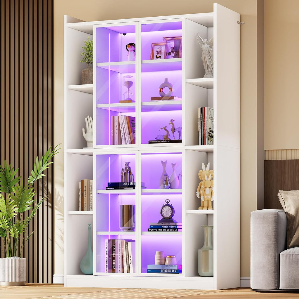 SEDETA 71' Display Cabinet with Acrylic Glass Doors, 6 Tier Curio Cabinet with LED Lights, Tall Bookcase with Adjustable Shelves, Display Cases for Collectibles, Bedroom, Living Room, Office, White