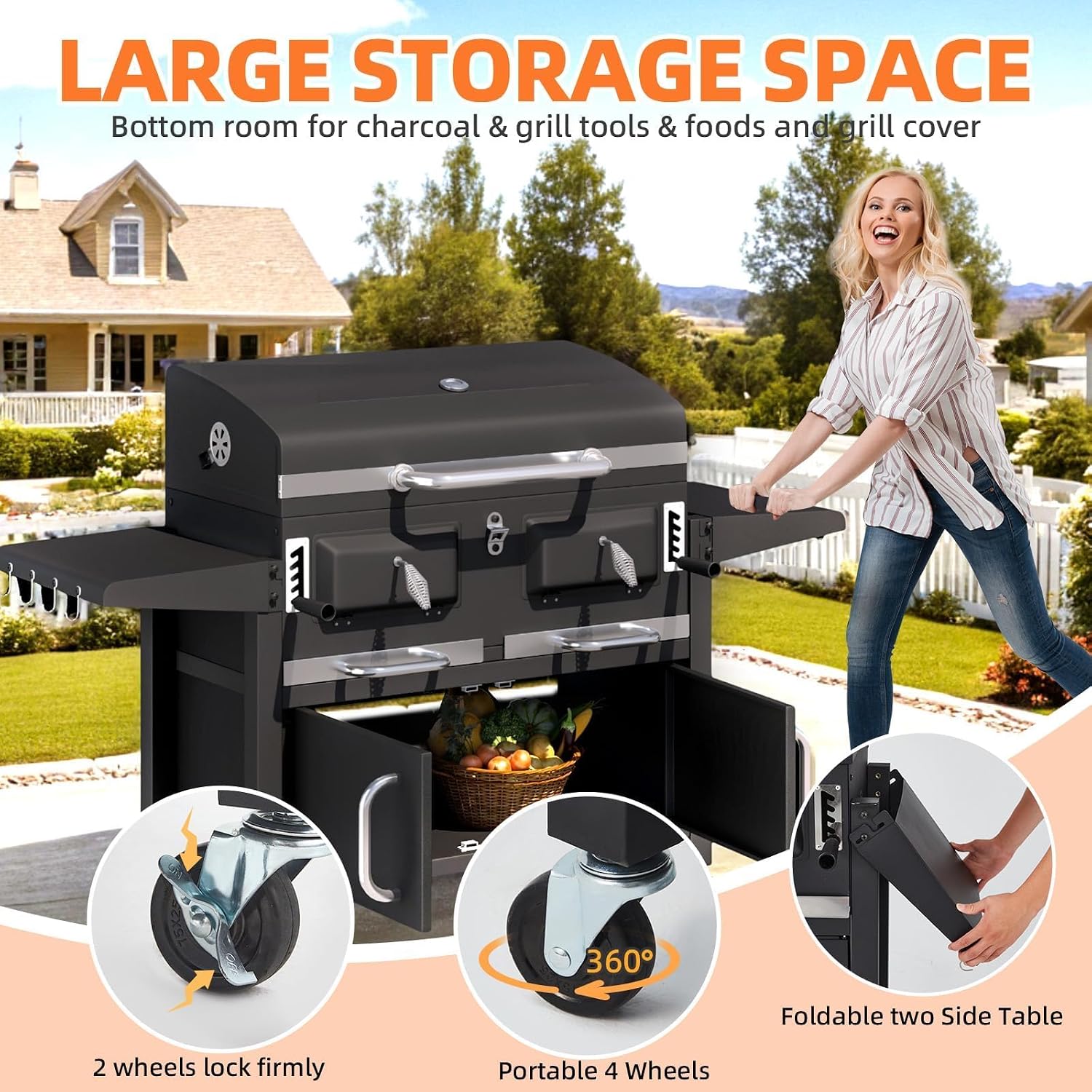 MELLCOM Charcoal Grills, 36 In Large BBQ Grill with Storage Cabinet, 620 Sq.In Oversized BBQ Area, Individual Lifting Charcoal Trays, Foldable Side Tables and Thermometer for Patio, Outdoor, Balcony