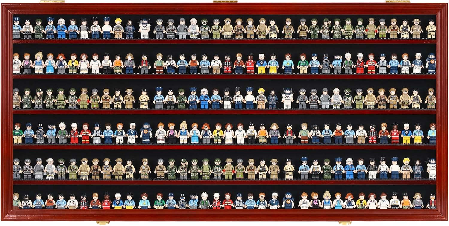 DisplayGifts Block Toy Minifigures Miniatures Display Case Frame Wall Cabinet Stand 200 Toys Dust Protection, Shelves alos Compatible with 1:64 Scale hot Small Toy Wheels - Mahogany Finish
