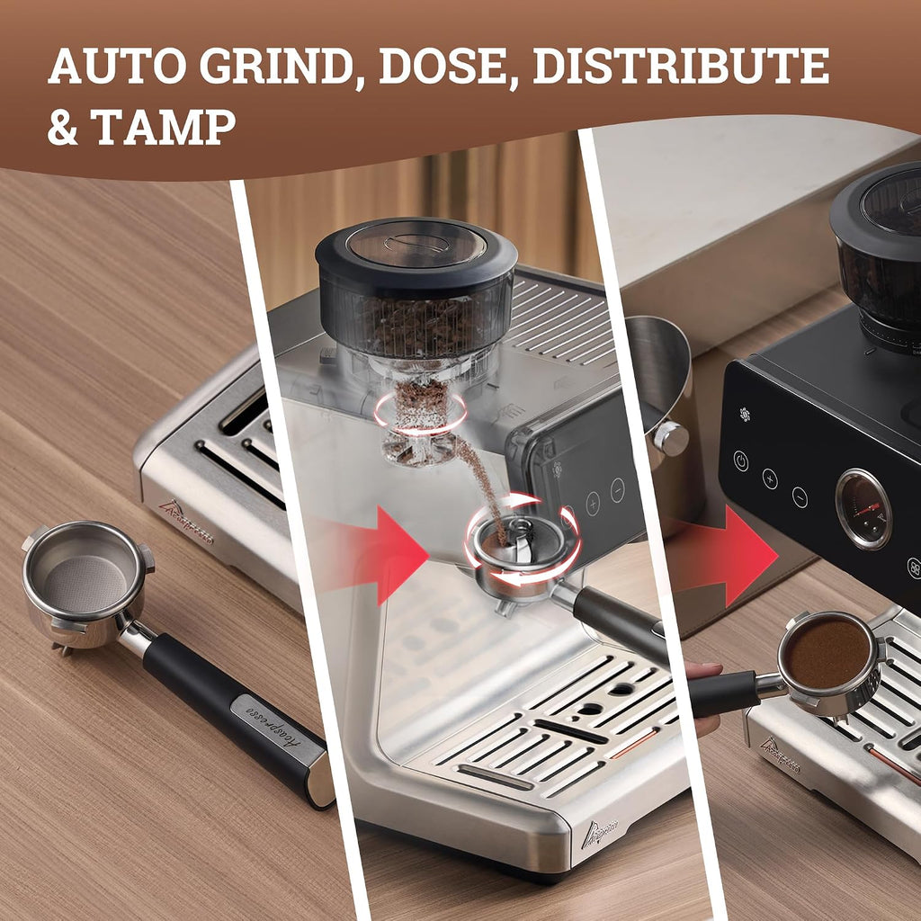 Espresso Machine with Grinder, Auto Distribute & Tamp 15 Bar Semi-Automatic with PID Temperature, Cold Brew Espresso Maker with Milk Frother, 58mm Portafilter for Beginners, Stainless Steel