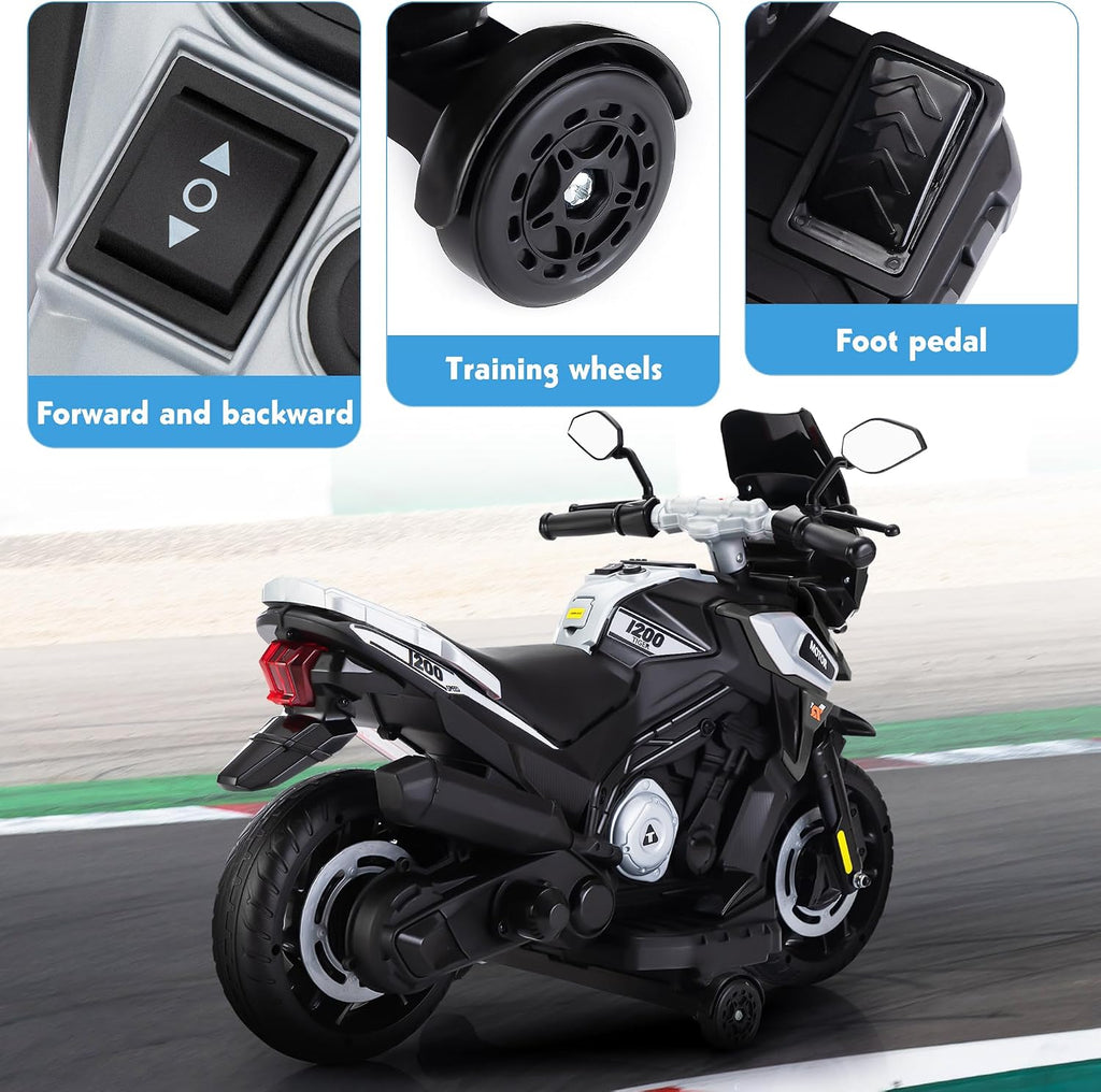 TOBBI 12V Electric Motorcycle for Kids Ride on Toys Toddler Motorbike Battery Powered Off-Road Dirt Bikes w/Music/Headlights/Training Wheels, Gifts for Boys & Girls, Silver